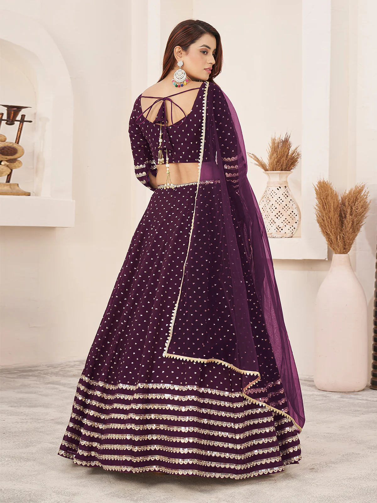 Odette Wine Georgette Embellished Semi Stitched Lehenga With Unstitched Blouse For Women - Image 3