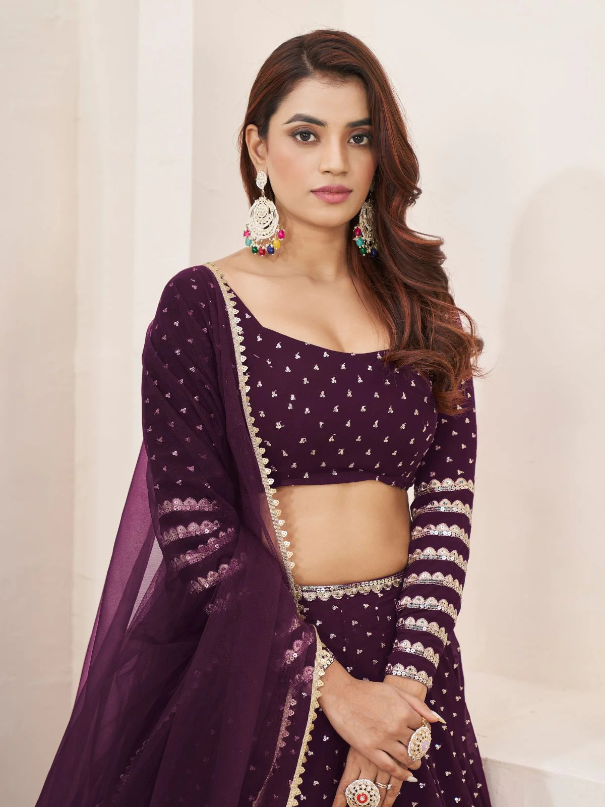 Odette Wine Georgette Embellished Semi Stitched Lehenga With Unstitched Blouse For Women - Image 5