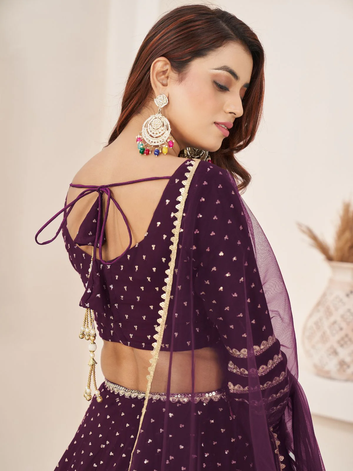 Odette Wine Georgette Embellished Semi Stitched Lehenga With Unstitched Blouse For Women - Image 6