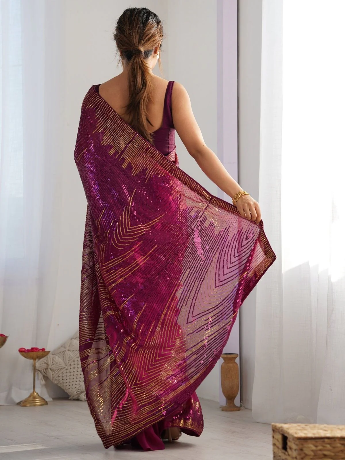 Odette Wine Georgette Embellished Solid Saree For Women - Image 2