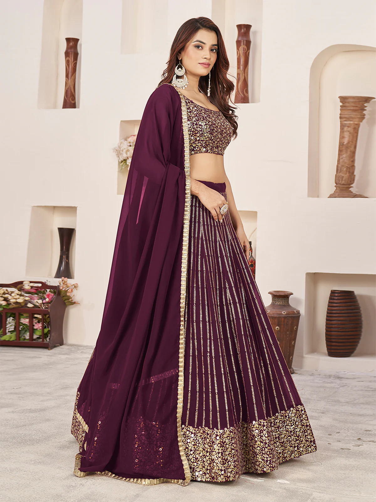 Odette Wine Georgette Embellished Semi Stitched Lehenga With Unstitched Blouse For Women - Image 2