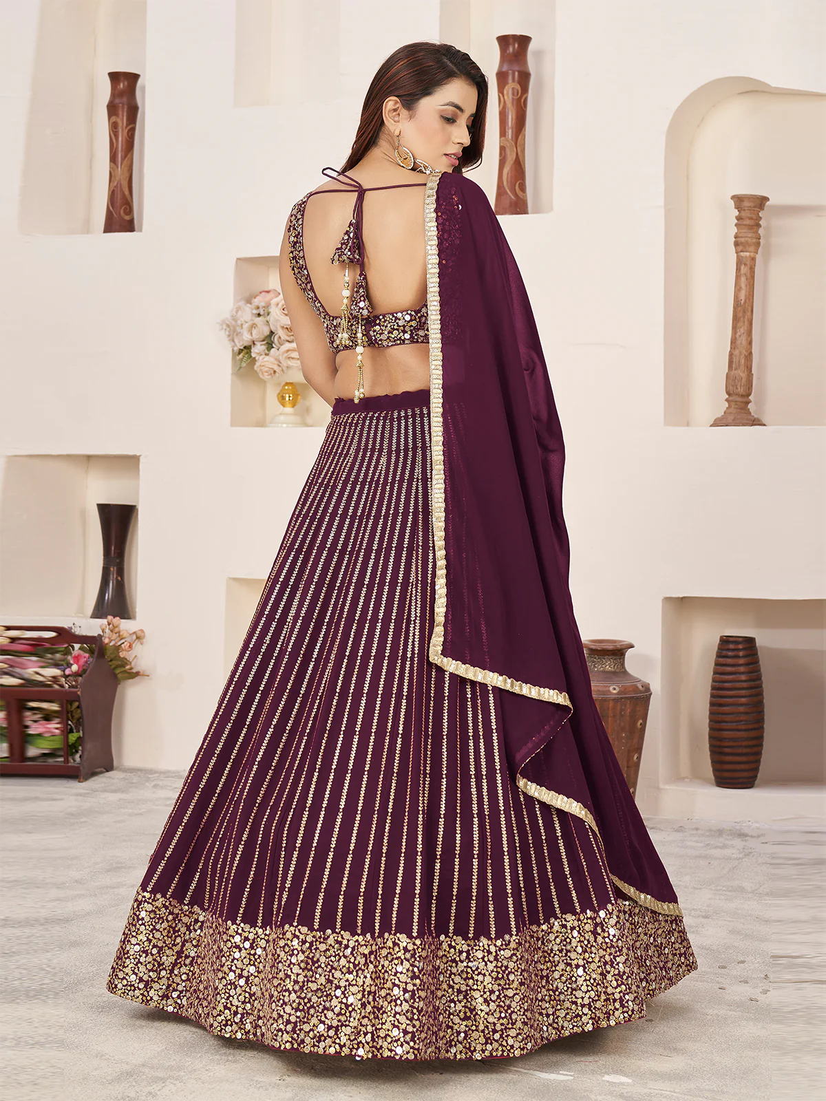 Odette Wine Georgette Embellished Semi Stitched Lehenga With Unstitched Blouse For Women - Image 3