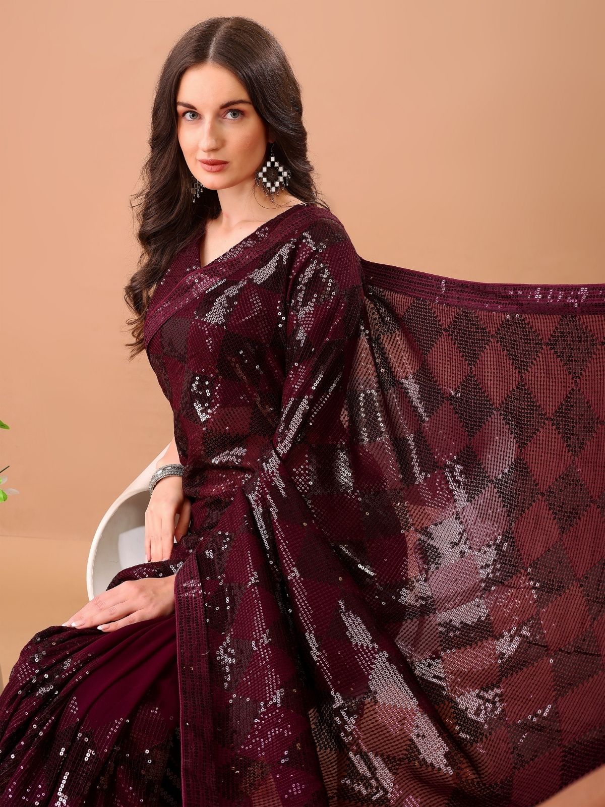 Odette Wine Georgette Embroidered Elegant Saree For Women - Image 3