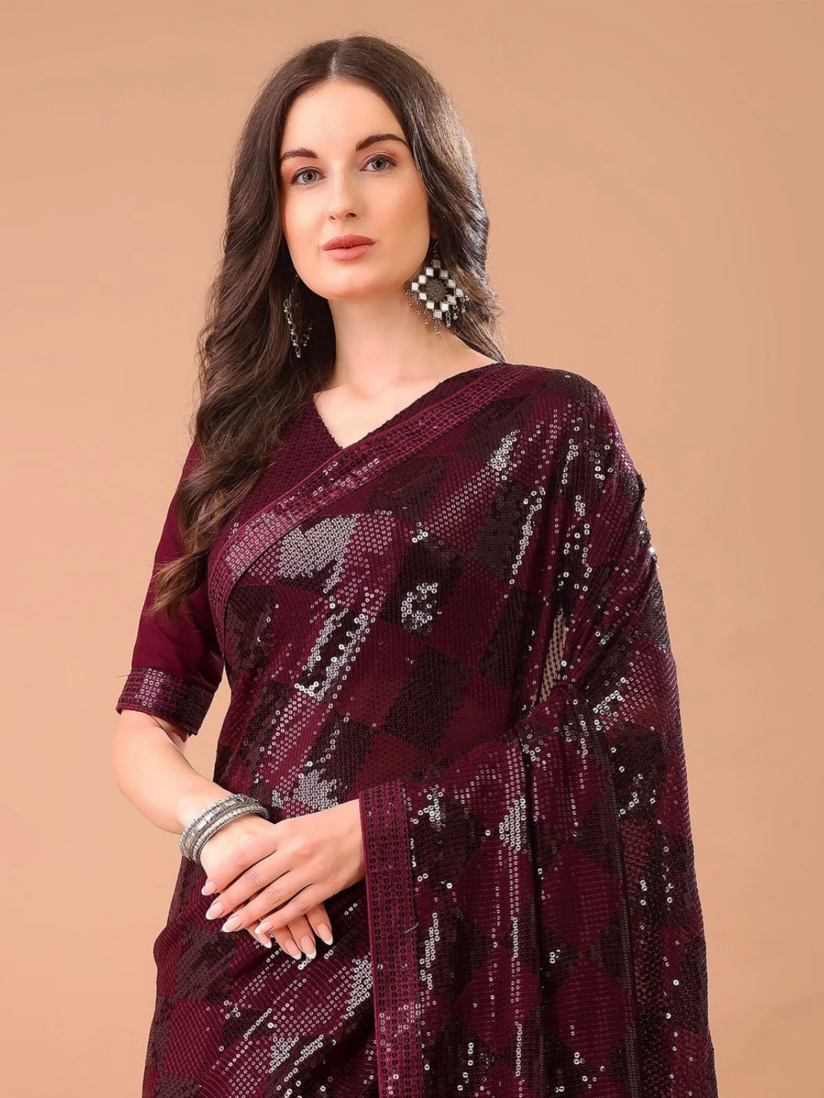 Odette Wine Georgette Embroidered Elegant Saree For Women - Image 5