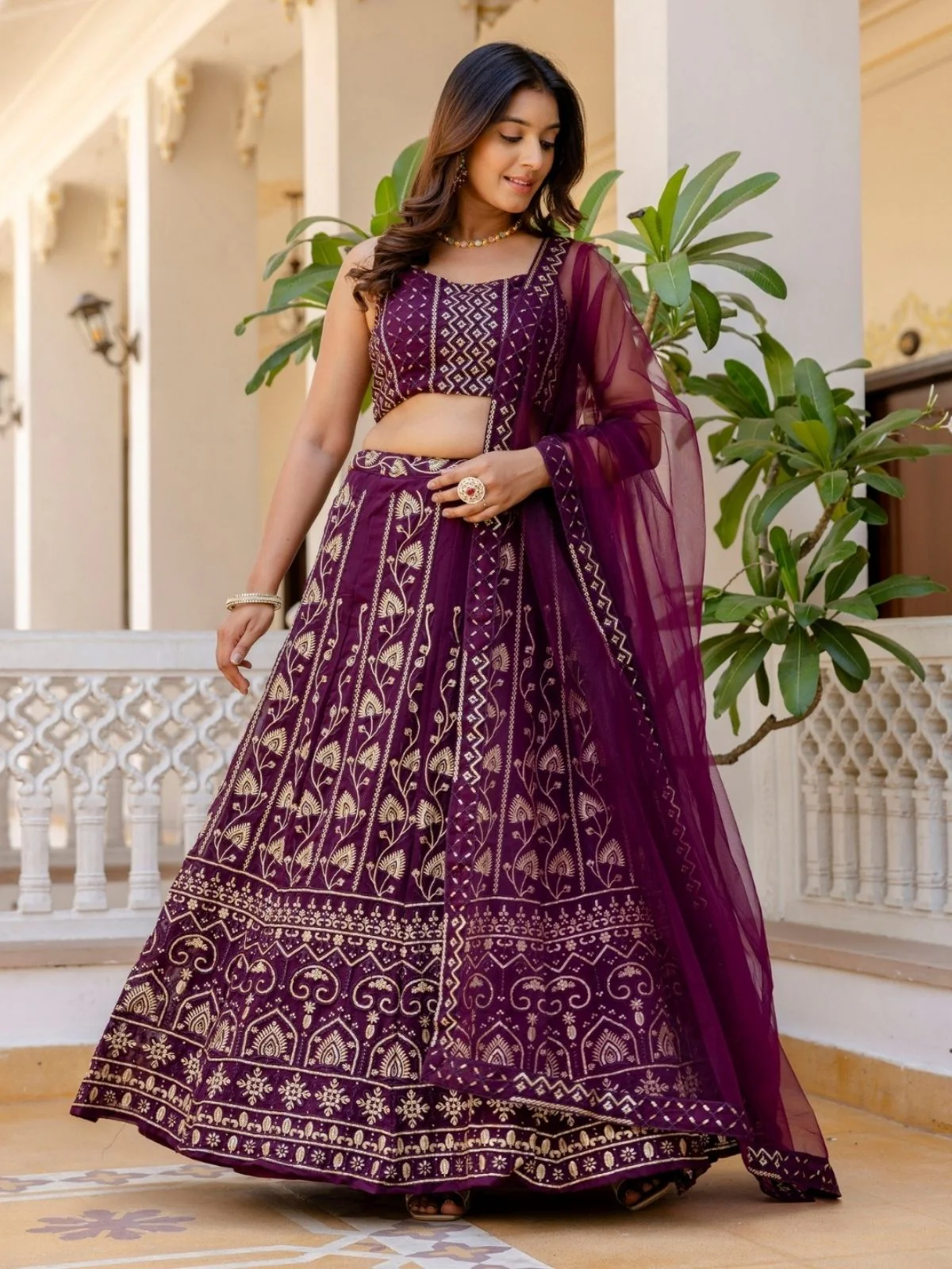 Odette Wine Georgette Embroidered Lehenga For Women - Image 2