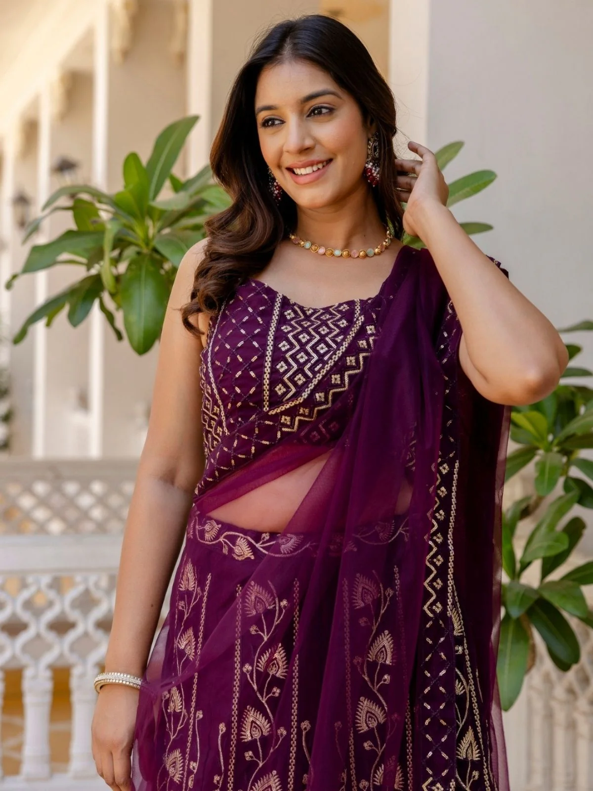 Odette Wine Georgette Embroidered Lehenga For Women - Image 4