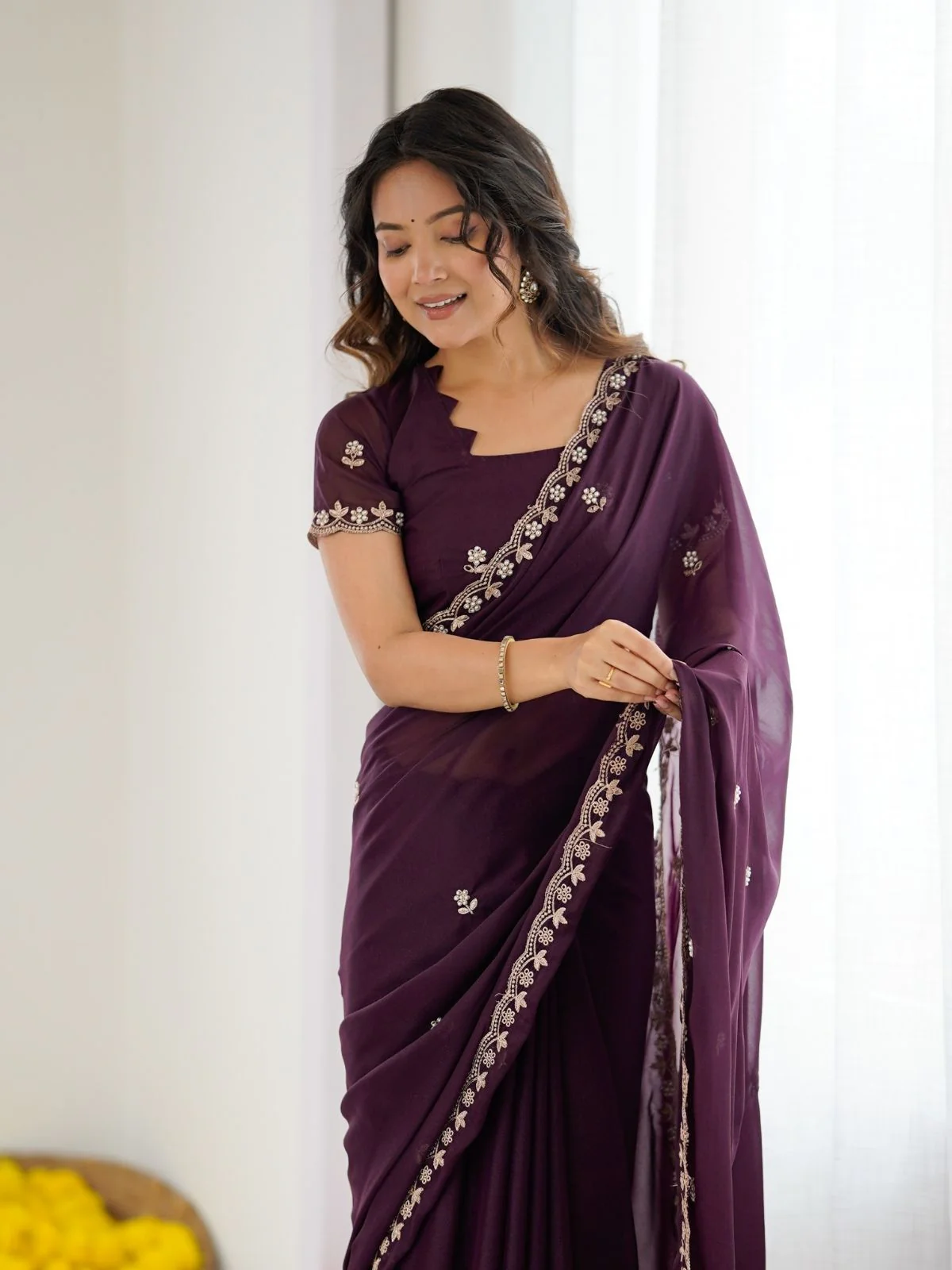 Odette Wine Georgette Embroidered Saree For Women - Image 4