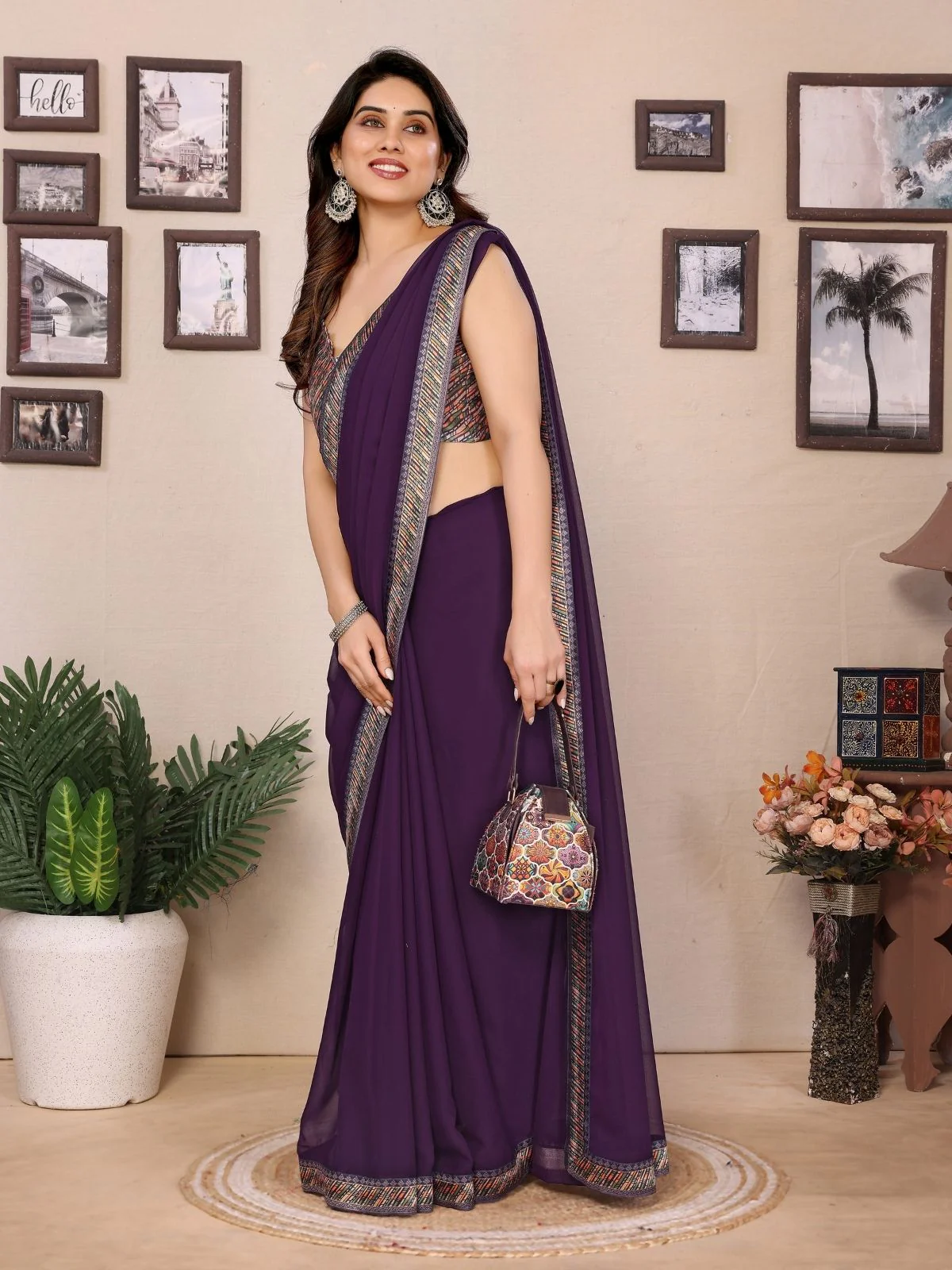 Odette Wine Georgette Embroidered Saree For Women - Image 2