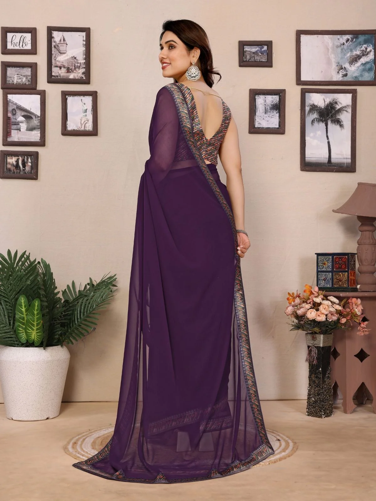 Odette Wine Georgette Embroidered Saree For Women - Image 3