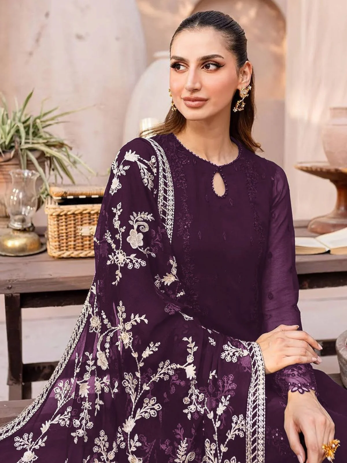Odette Wine Georgette Embroidered Semi-Stitched Kurta Set For Women - Image 2