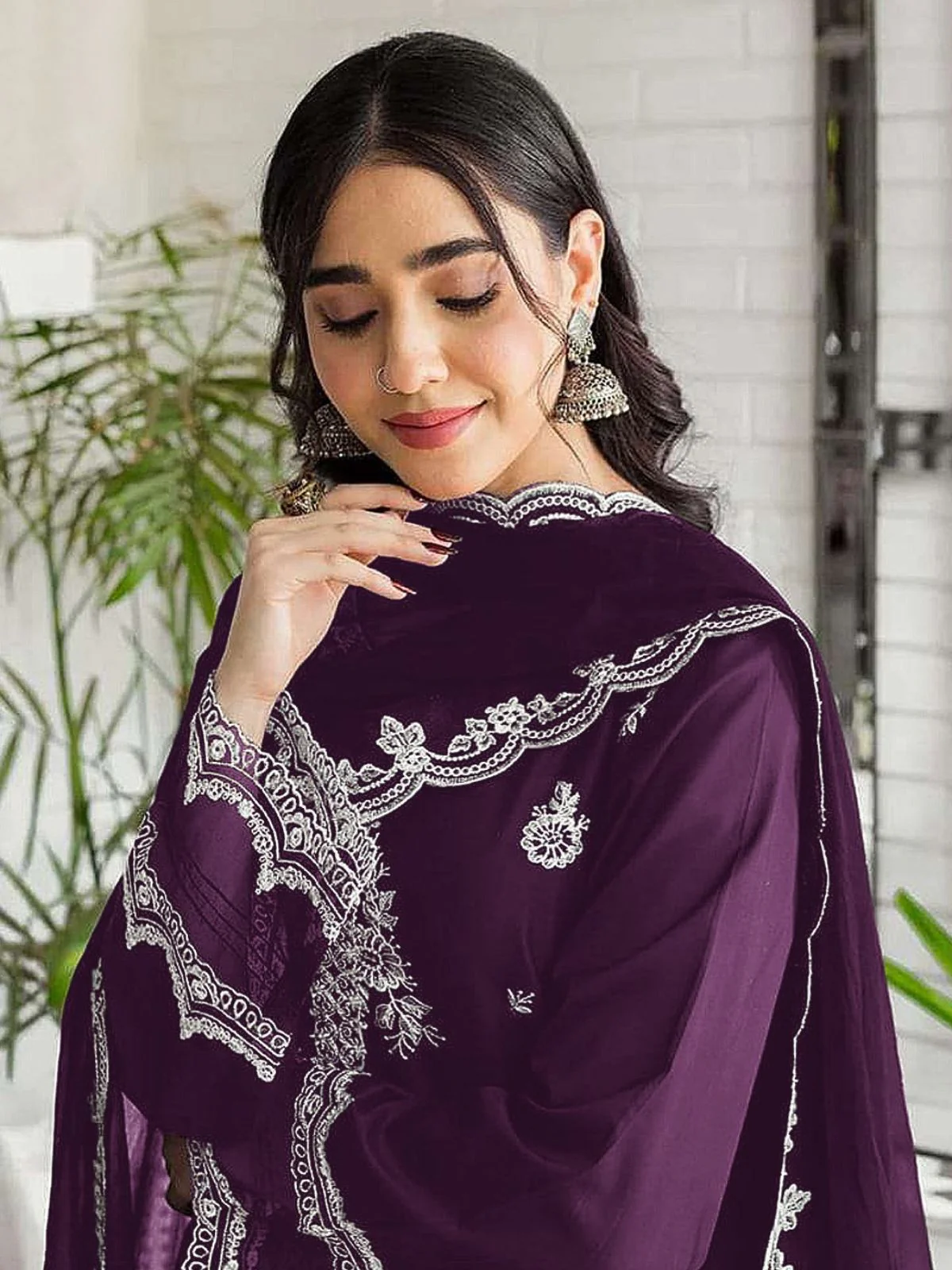 Odette Wine Georgette Embroidered Semi-Stitched Kurta Set For Women - Image 2