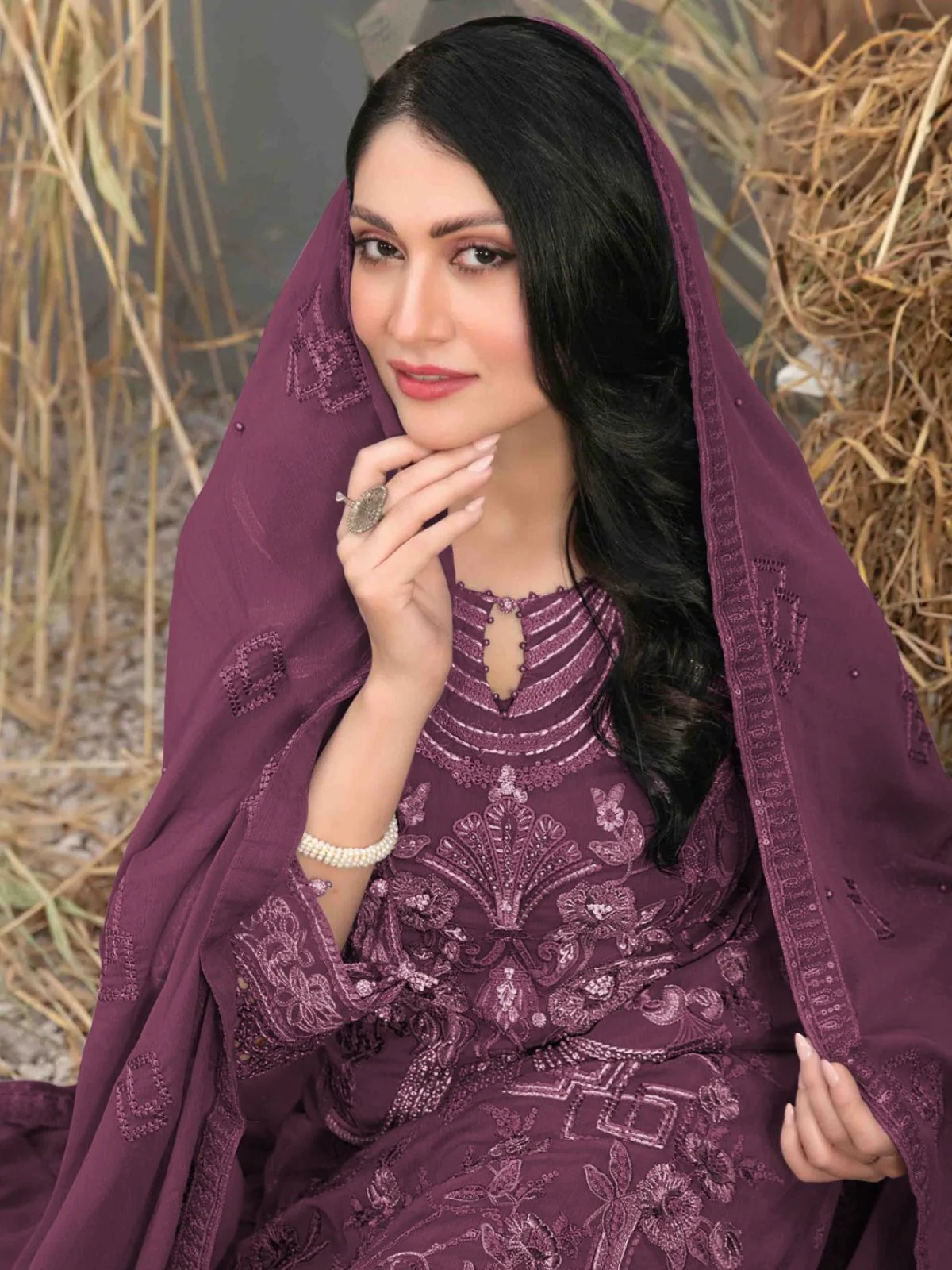 Odette Wine Georgette Embroidered Semi-Stitched Kurta Set For Women - Image 2