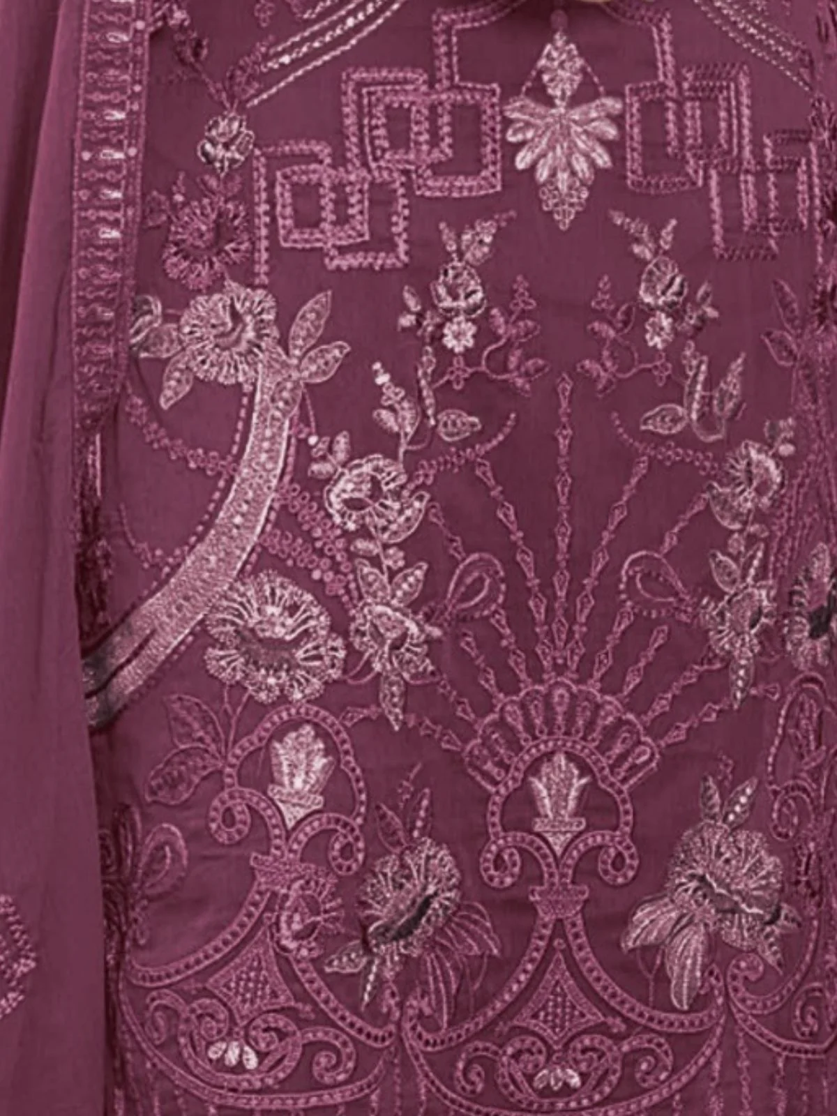 Odette Wine Georgette Embroidered Semi-Stitched Kurta Set For Women - Image 3