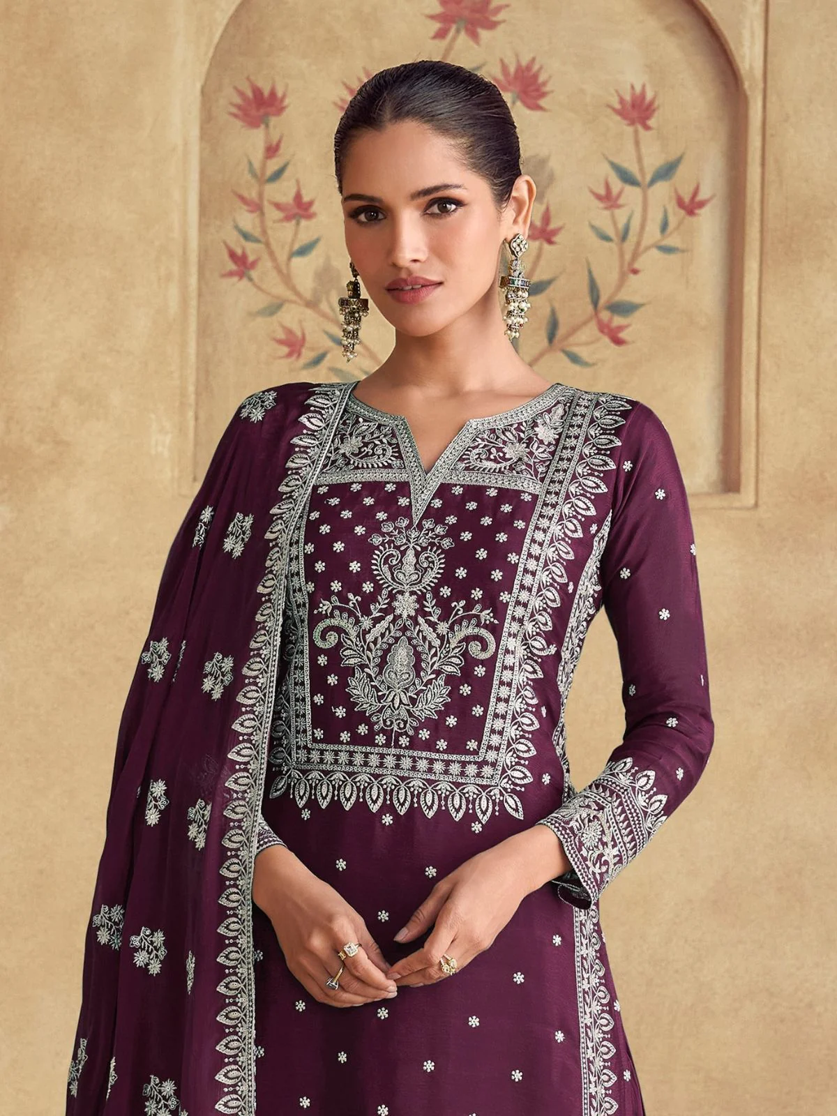 Odette Wine Georgette Embroidered Semi-Stitched Kurta Set For Women - Image 2