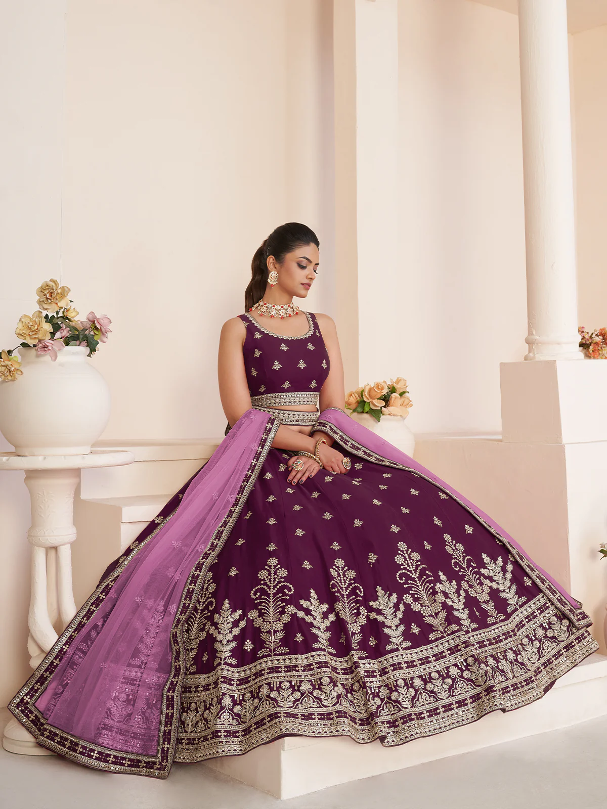 Odette Wine Georgette Embroidered Semi Stitched Lehenga With Unstitched Blouse for Women - Image 2