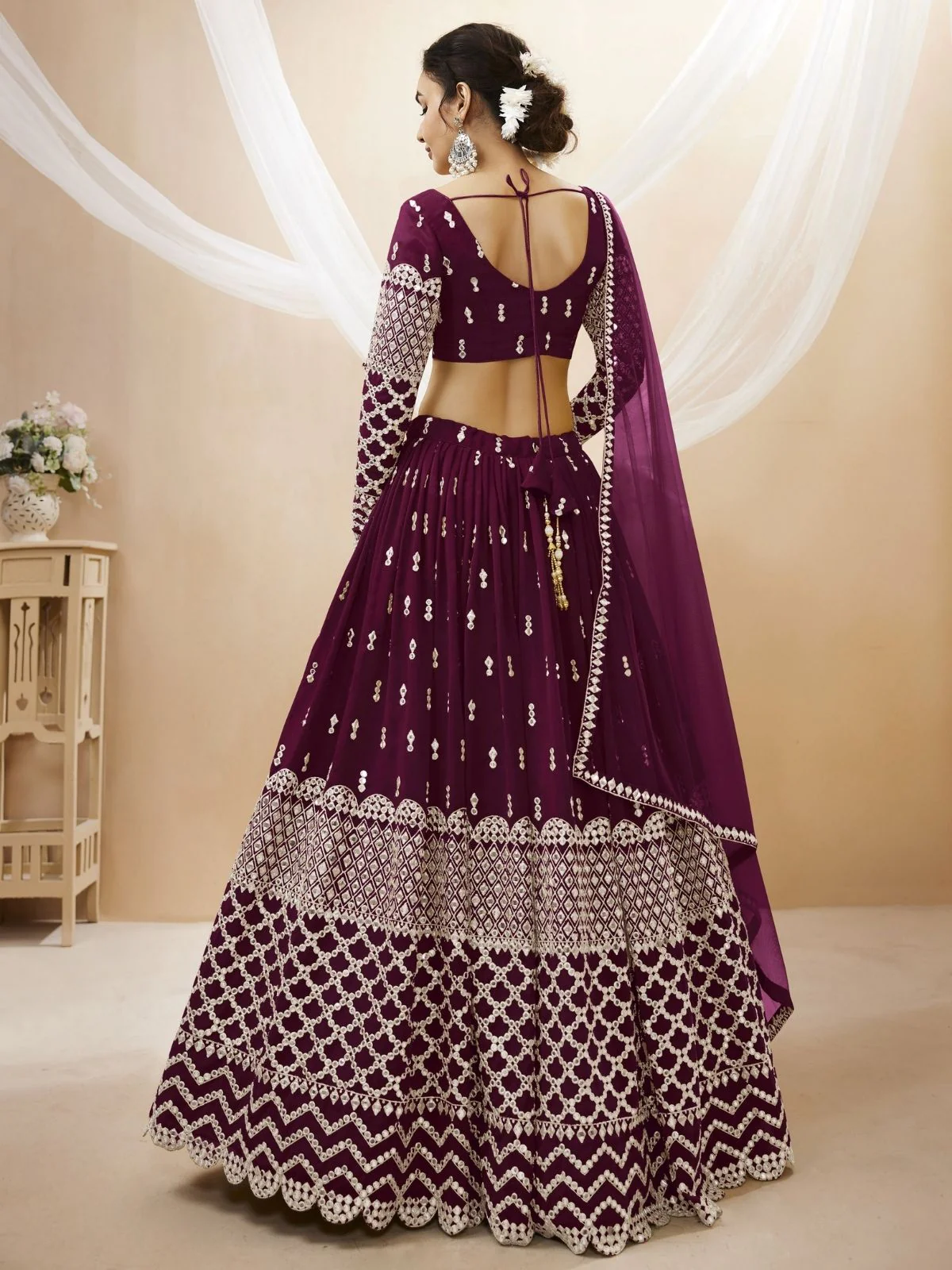 Odette Wine Georgette Embroidered Semi Stitched Lehenga With Unstitched Blouse For Women - Image 4