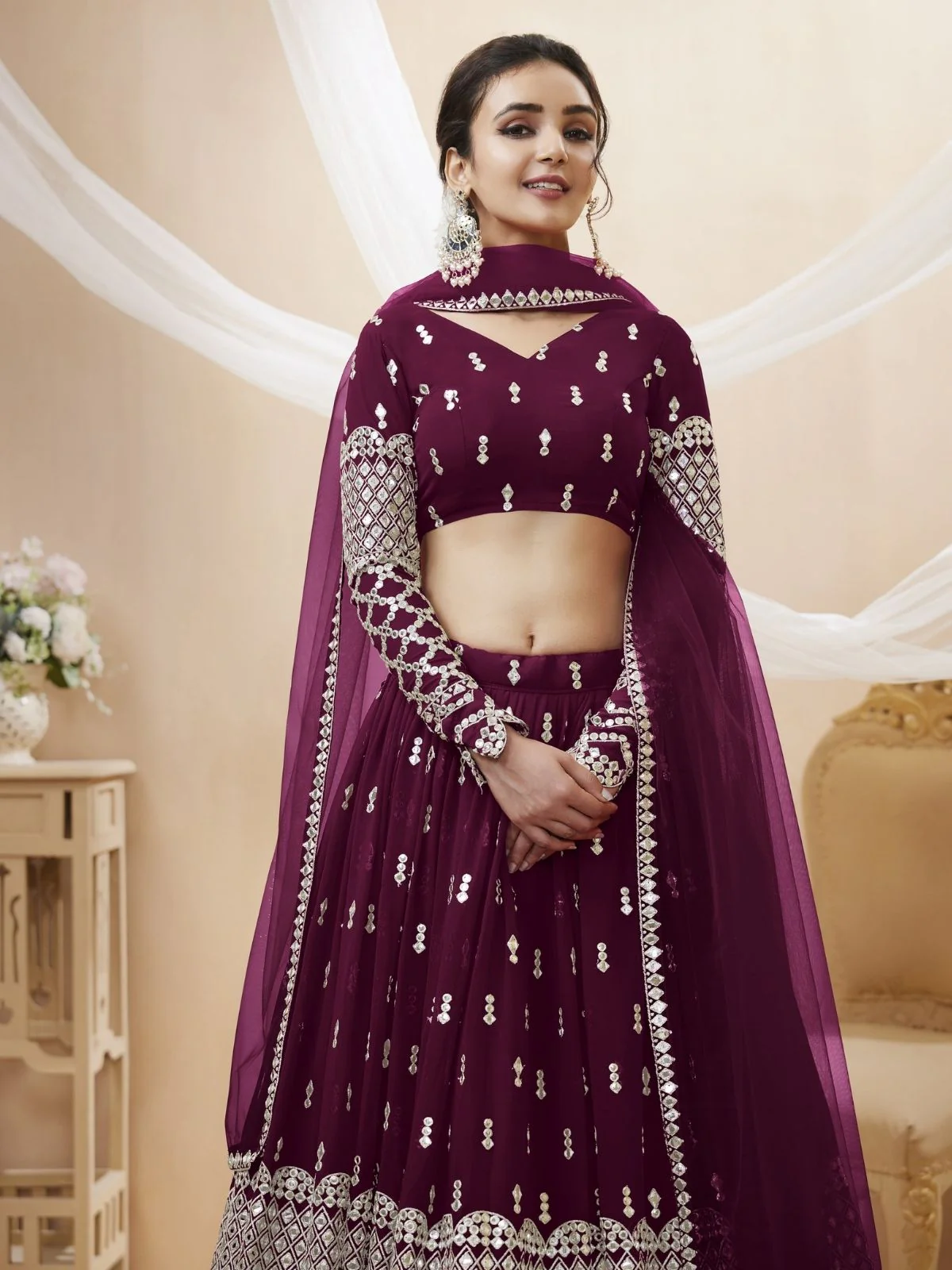 Odette Wine Georgette Embroidered Semi Stitched Lehenga With Unstitched Blouse For Women - Image 5