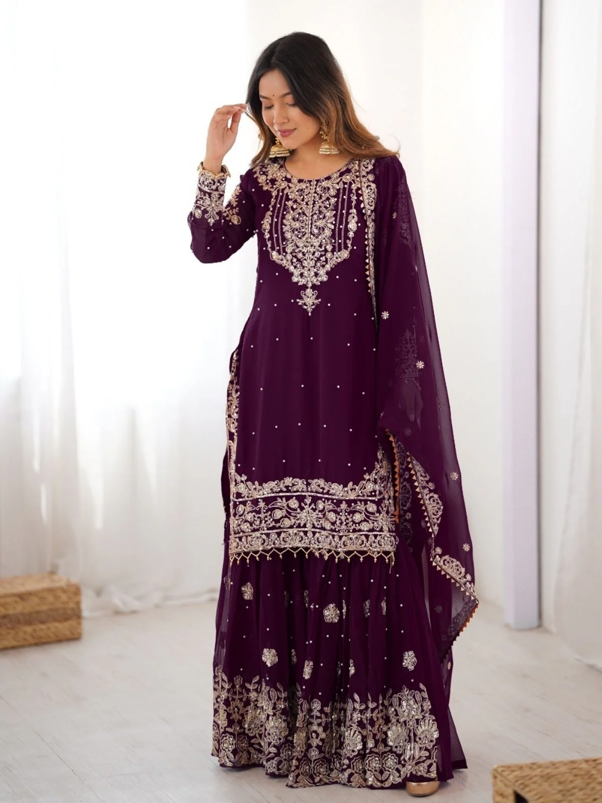 Odette Wine Georgette Embroidered Stitched Kurta Set For Women - Image 2