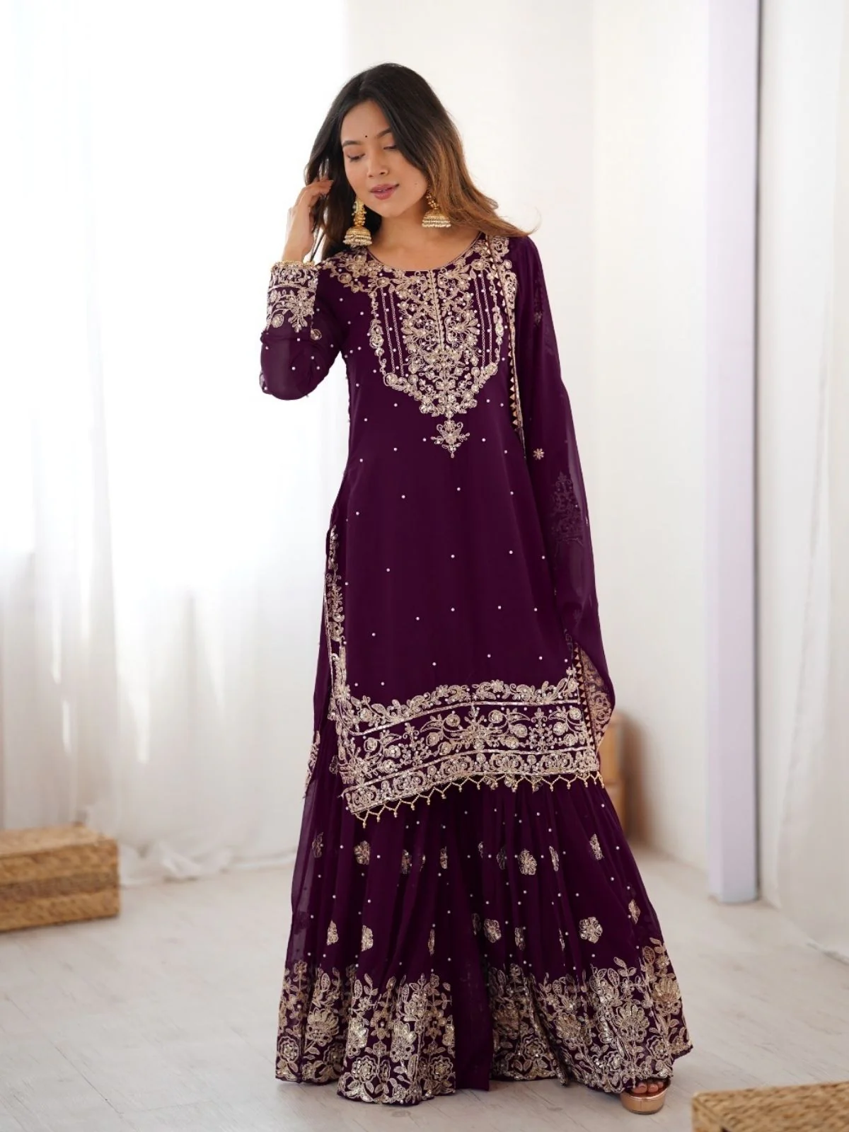 Odette Wine Georgette Embroidered Stitched Kurta Set For Women - Image 3