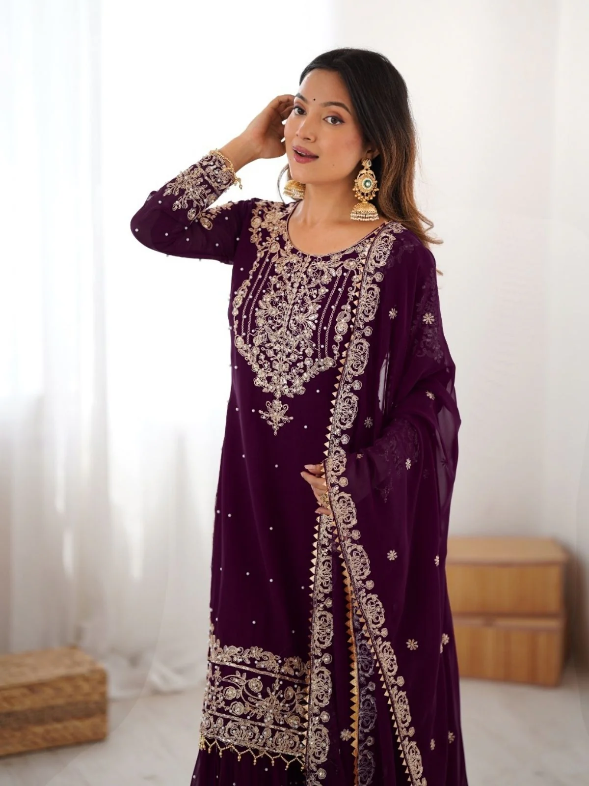 Odette Wine Georgette Embroidered Stitched Kurta Set For Women - Image 6