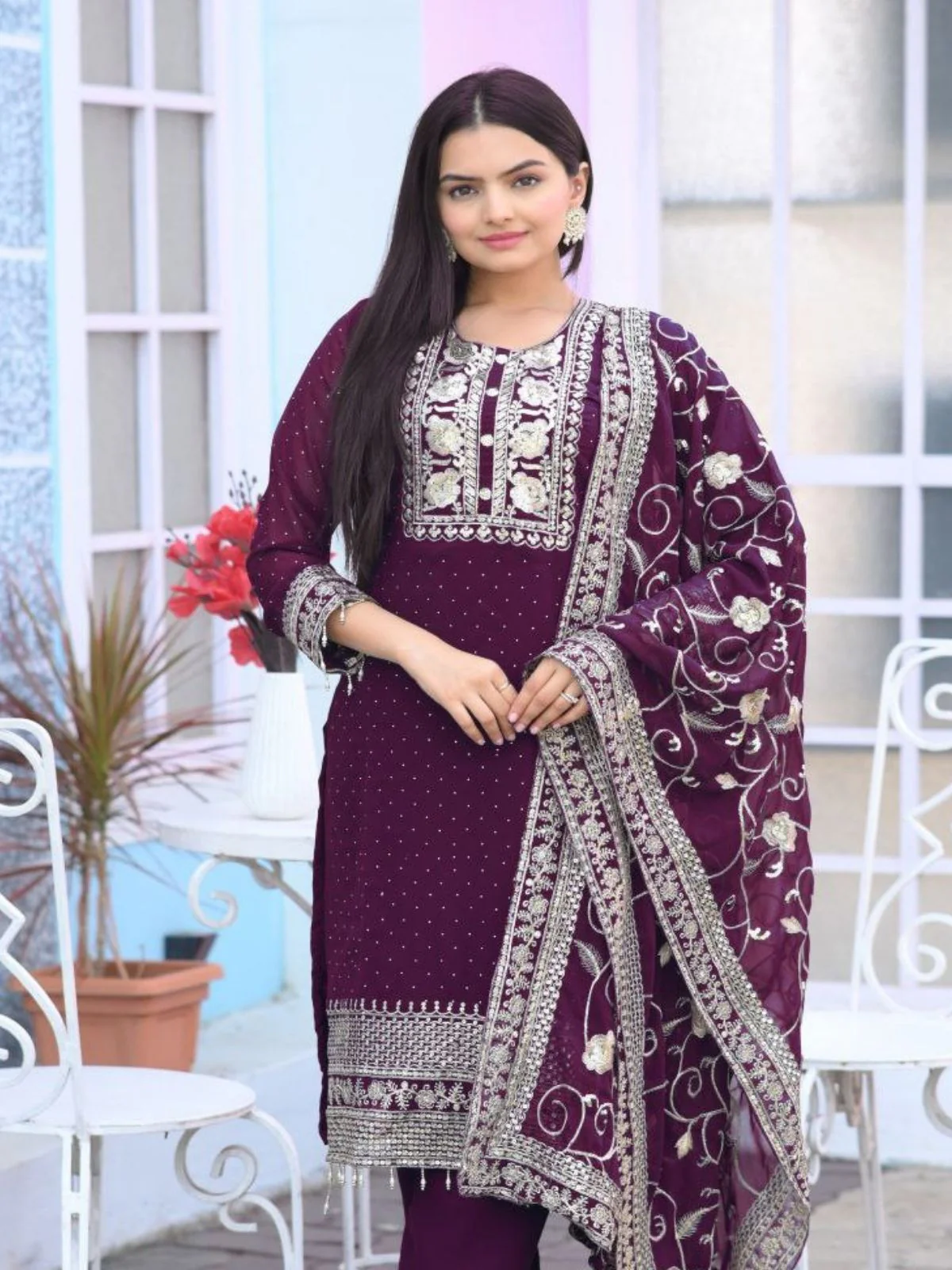 Odette Wine Georgette Embroidered Stitched Kurta Set For Women - Image 2