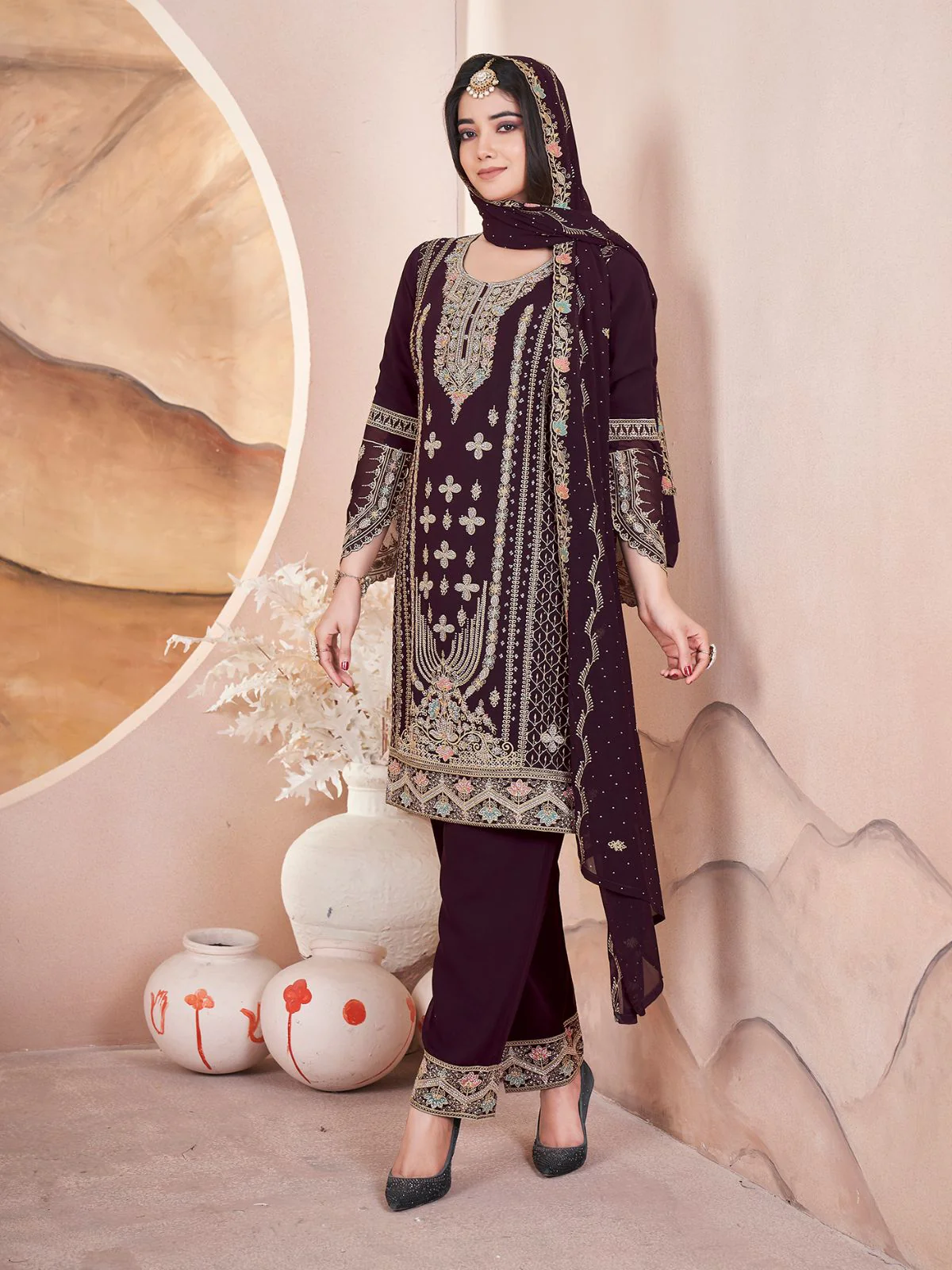 Odette Wine Georgette Embroidered Stitched Kurta Set For Women - Image 2
