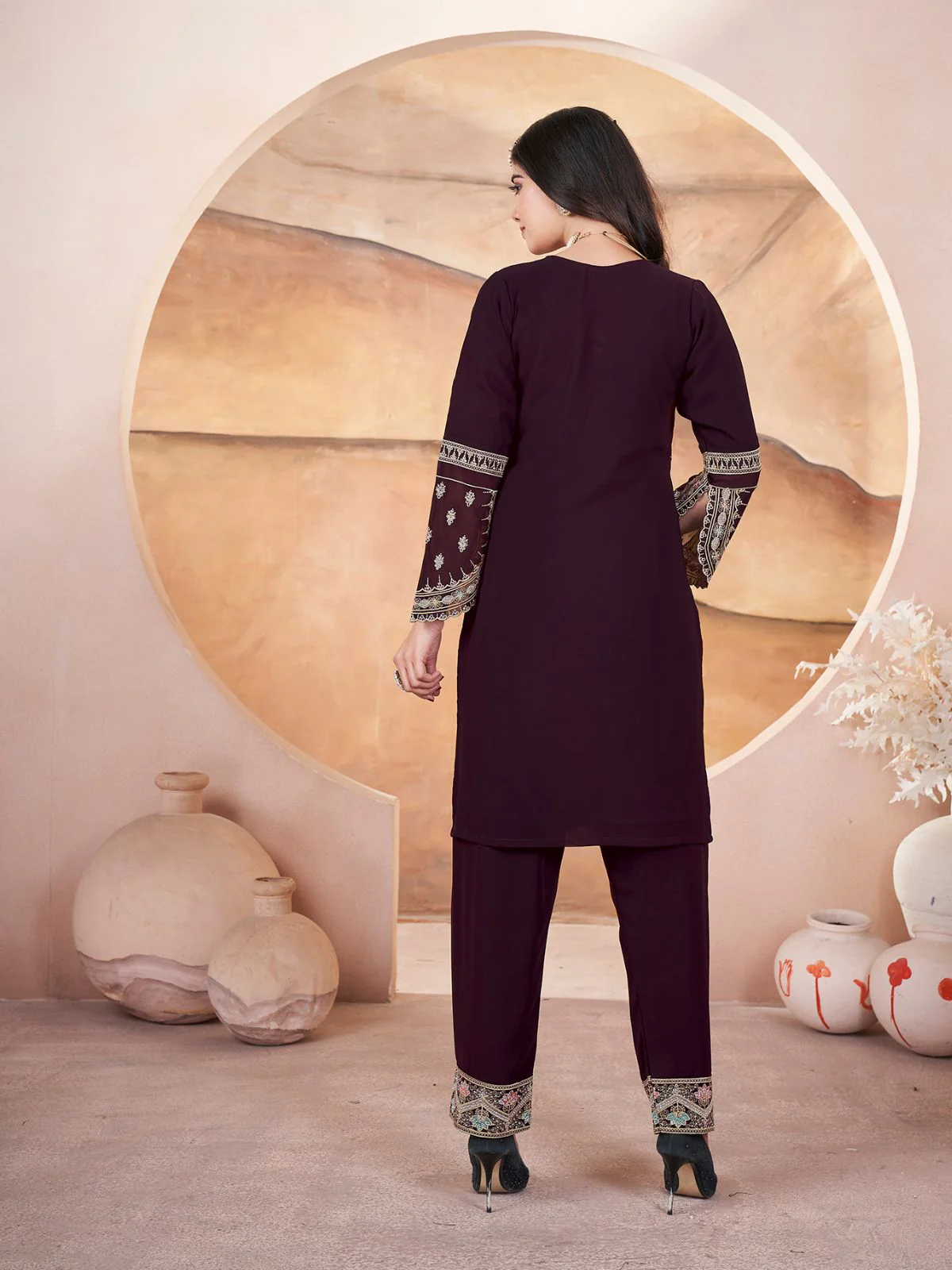 Odette Wine Georgette Embroidered Stitched Kurta Set For Women - Image 3