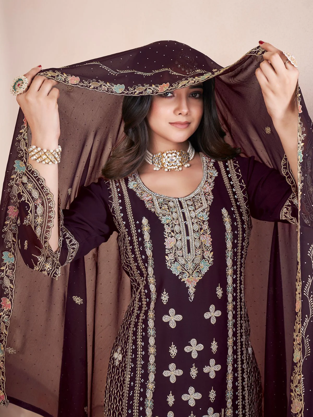 Odette Wine Georgette Embroidered Stitched Kurta Set For Women - Image 4