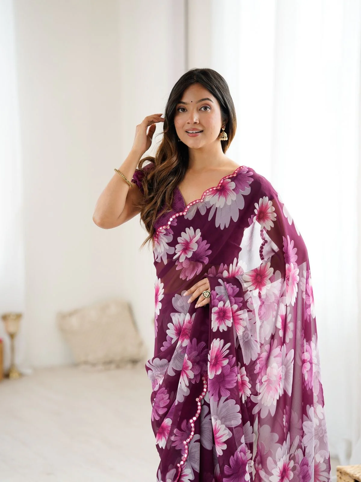 Odette Wine Georgette Floral Print Saree For Women - Image 4
