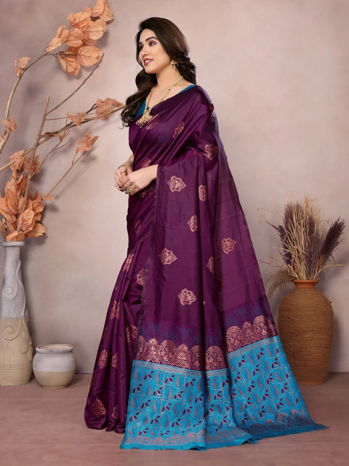 Odette Wine Georgette Motif Print Saree For Women - Image 2