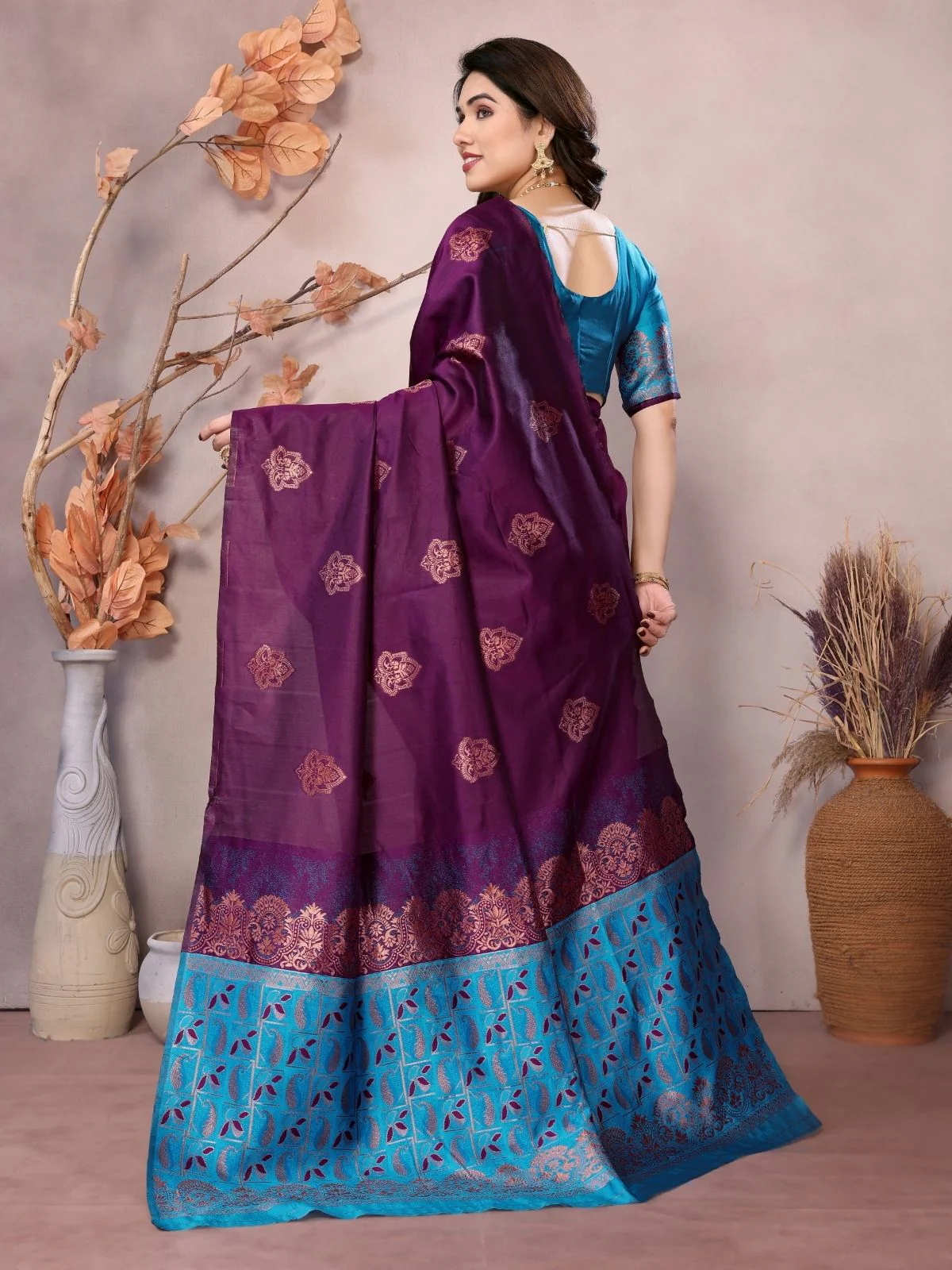 Odette Wine Georgette Motif Print Saree For Women - Image 3