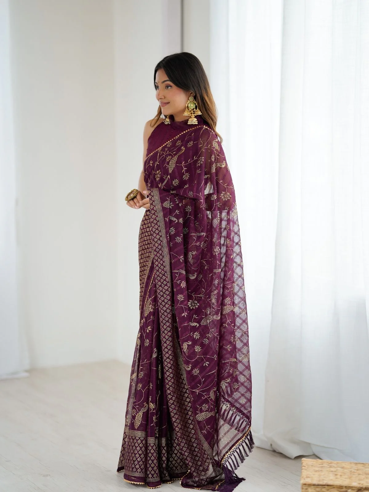 Odette Wine Georgette Peacock Motifs Saree For Women - Image 2