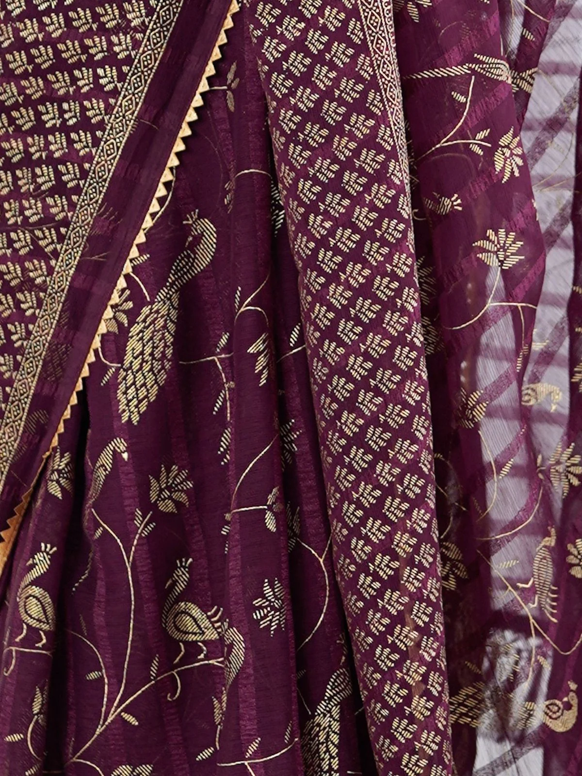 Odette Wine Georgette Peacock Motifs Saree For Women - Image 5