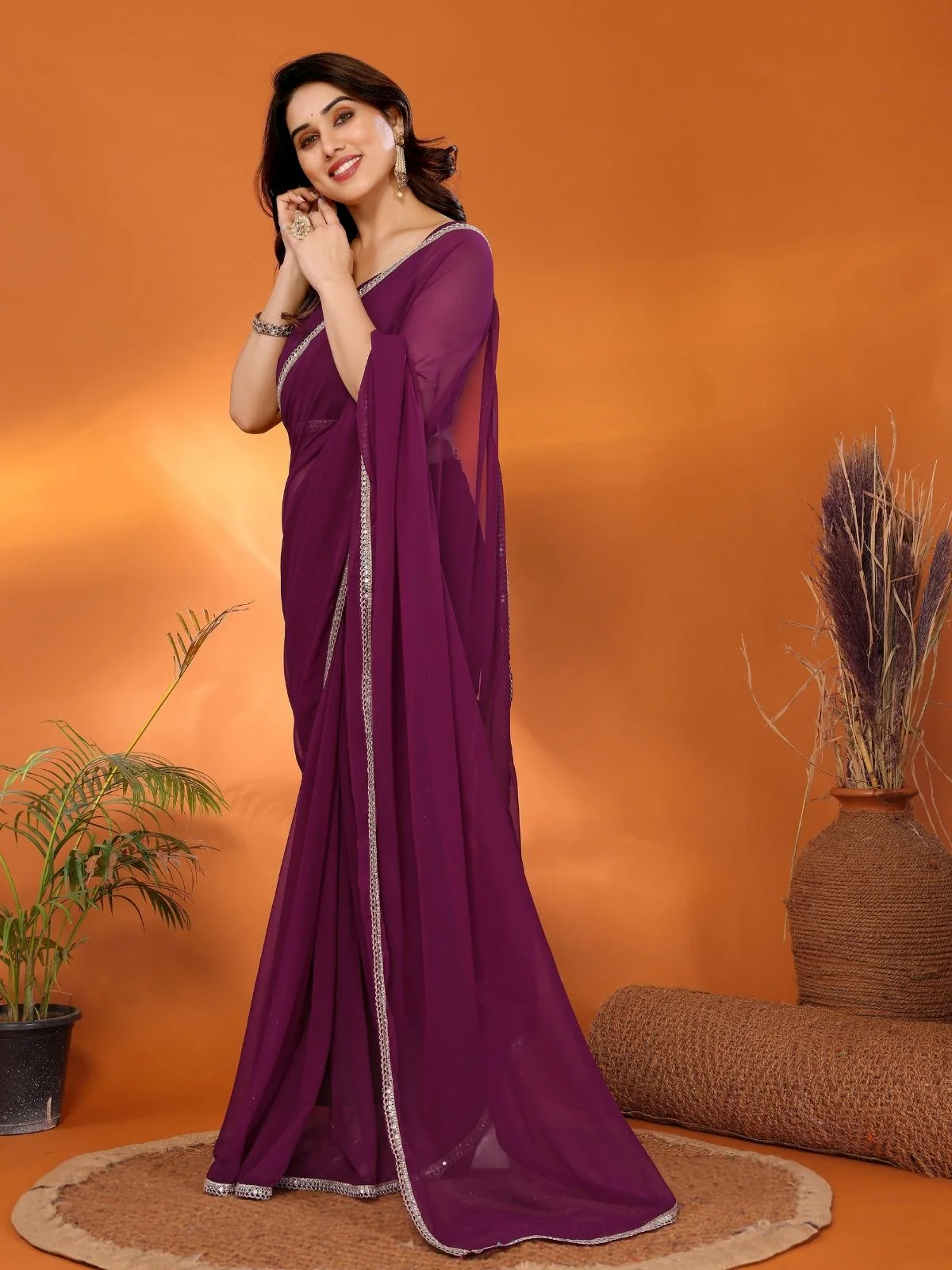 Odette Wine Georgette Plain Saree With Unstitched Blouse For Women - Image 2