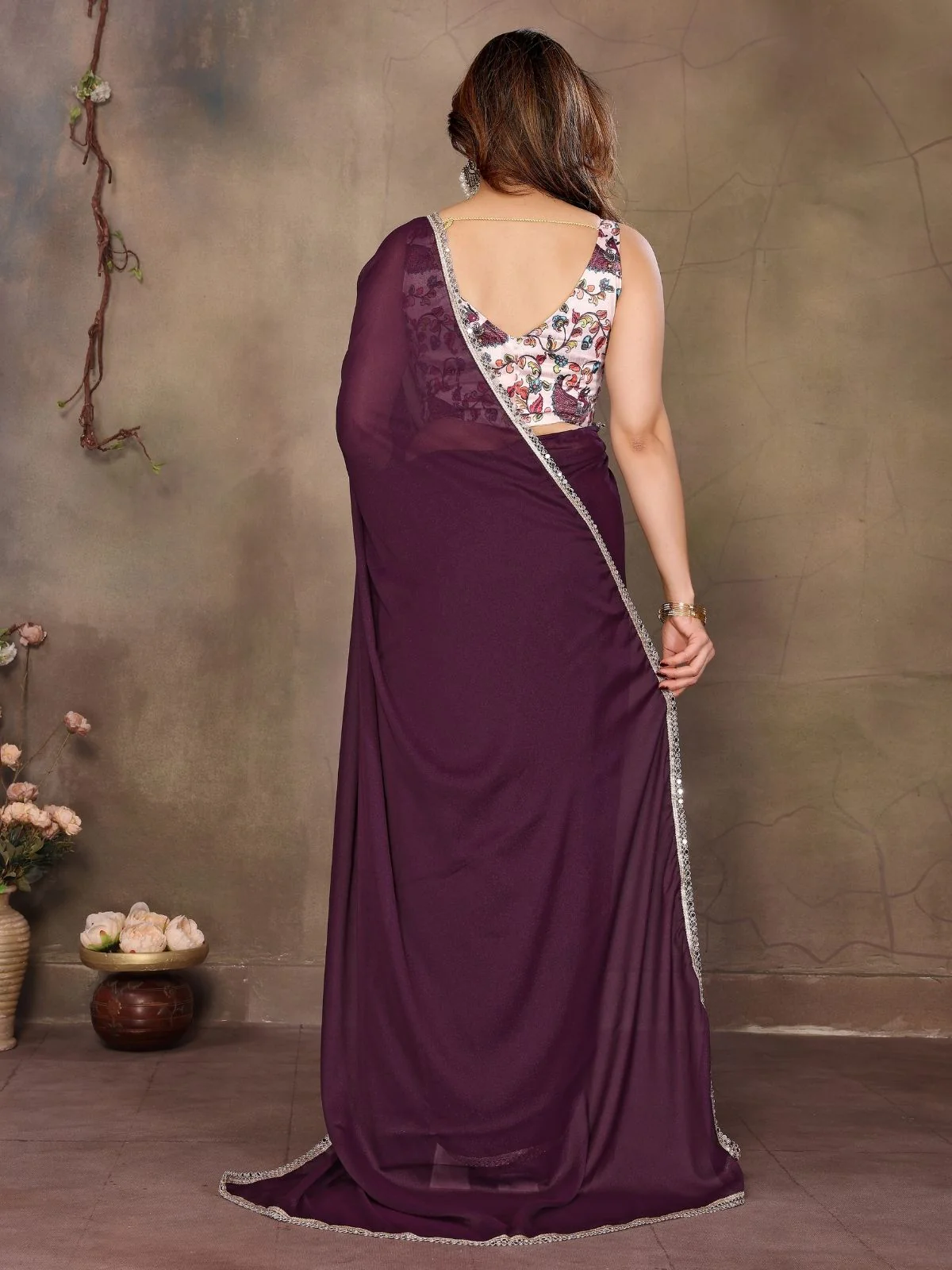 Odette Wine Georgette Plain Saree With Unstitched Blouse For Women - Image 2
