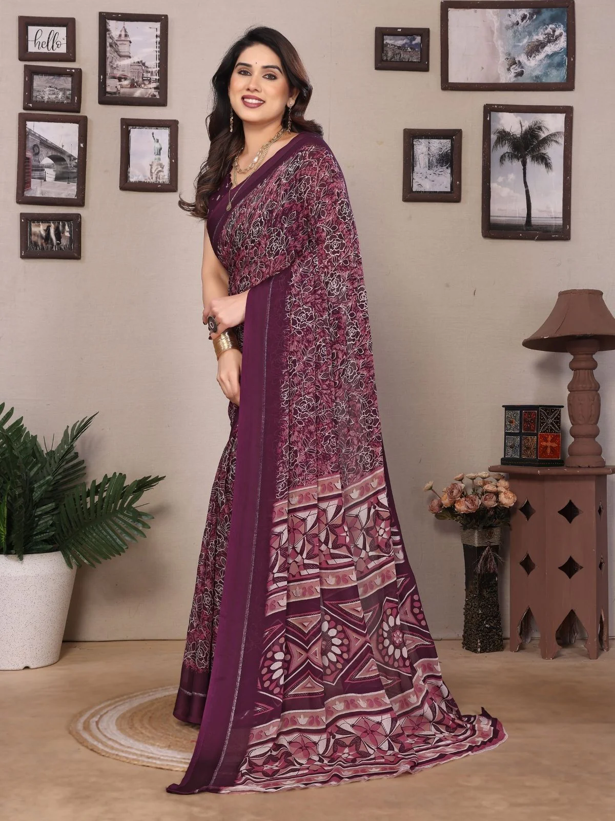 Odette Wine Georgette Printed Saree For Women - Image 2
