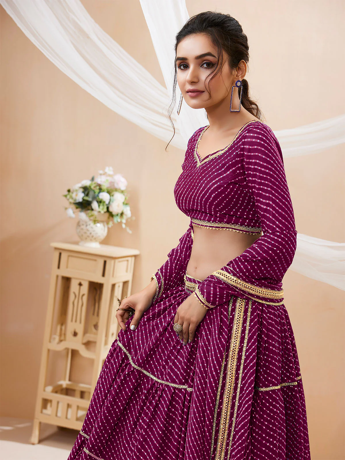 Odette Wine Georgette Printed Semi Stitched Lehenga With Unstitched Blouse For Women - Image 4