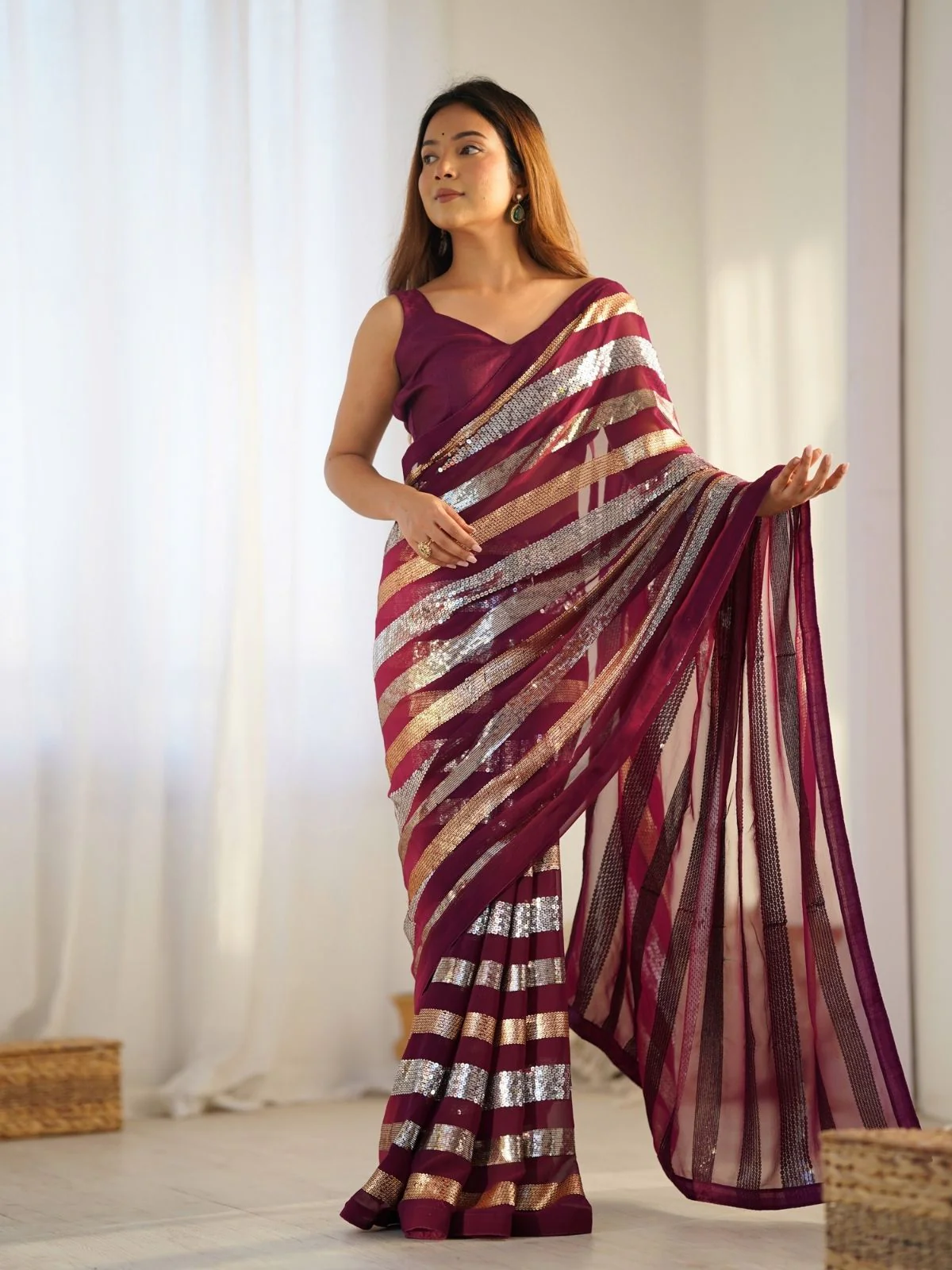 Odette Wine Georgette Sequins Saree With Unstitched Blouse For Women - Image 2