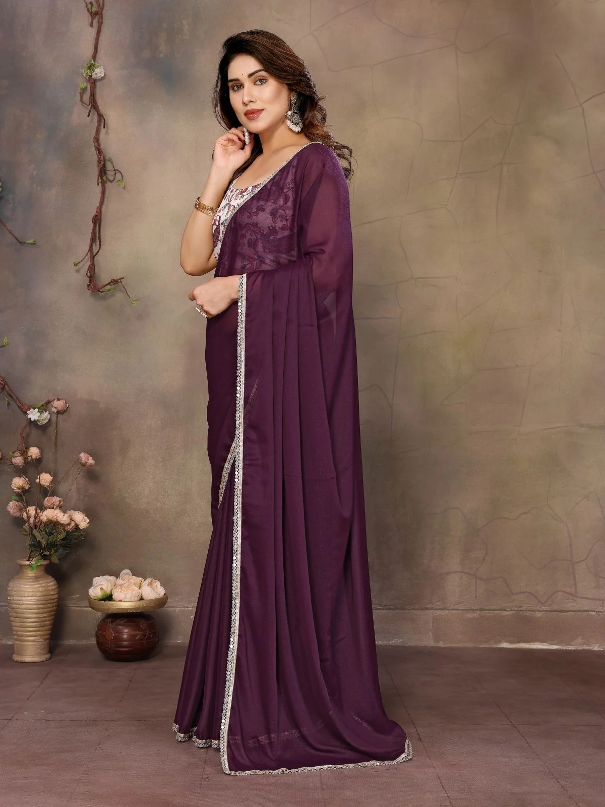 Odette Wine Georgette Solid Saree For Women - Image 2