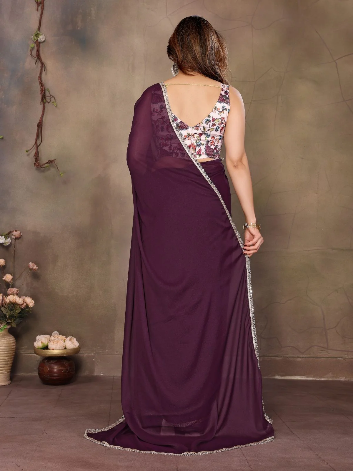 Odette Wine Georgette Solid Saree For Women - Image 3