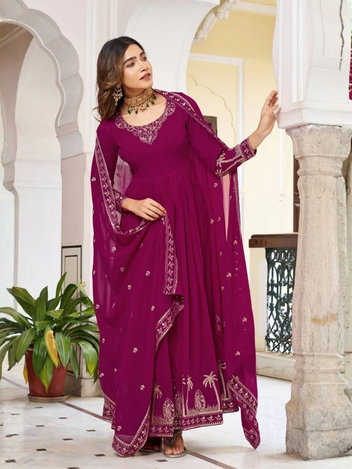Odette Wine Georgette Solid Stitched Kurta Set For Women - Image 2