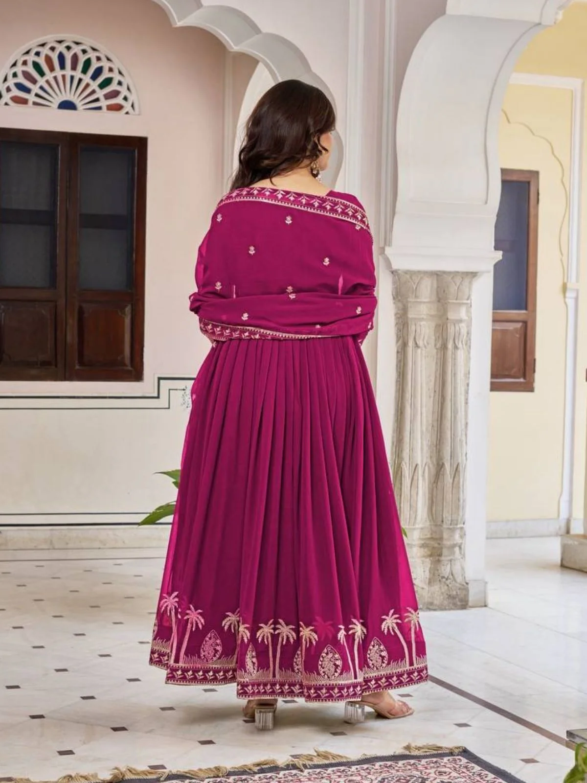 Odette Wine Georgette Solid Stitched Kurta Set For Women - Image 3