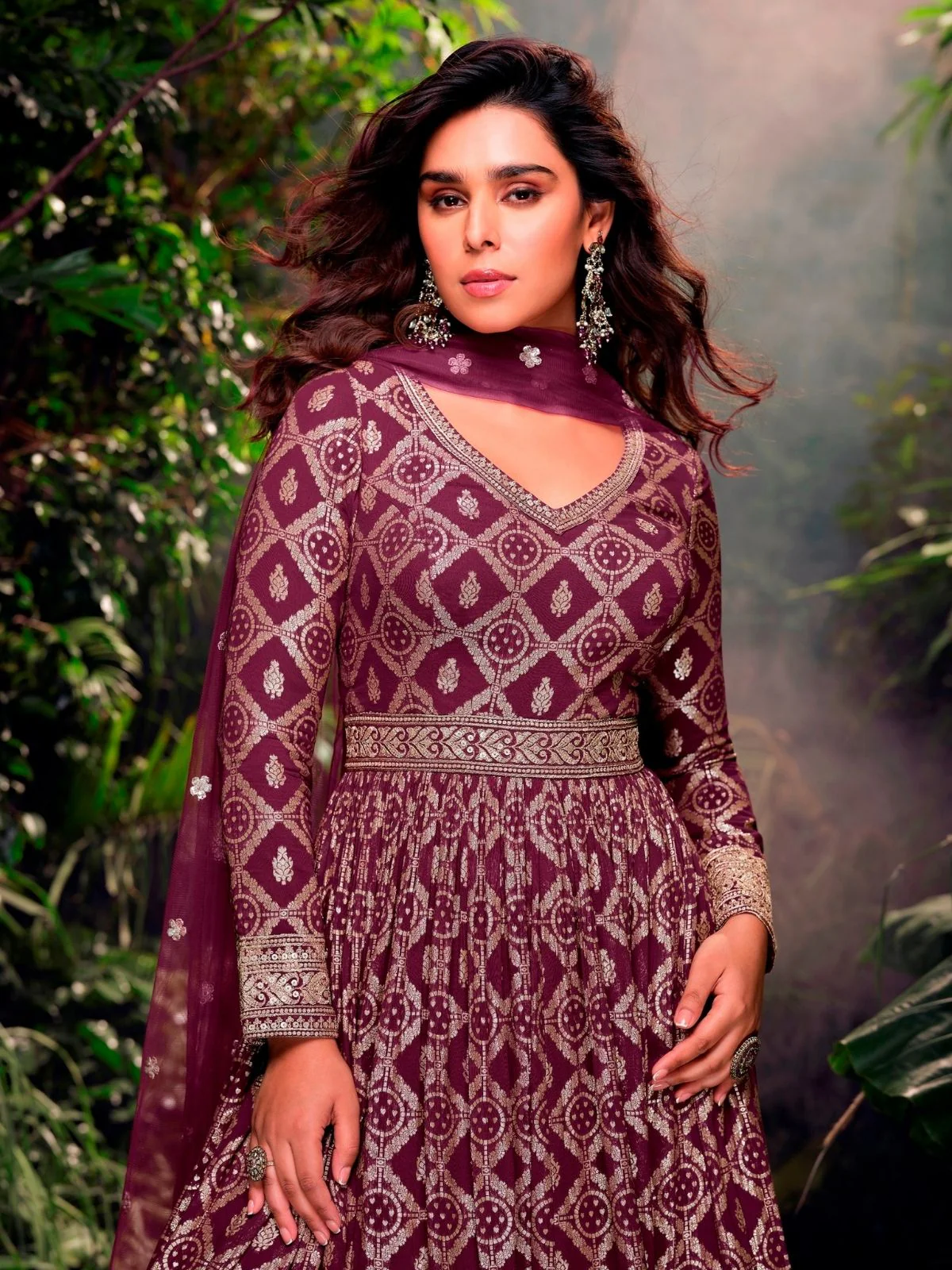 Odette Wine Jacquard Embroidered Semi Stitched Kurta With Dupatta For Women - Image 3
