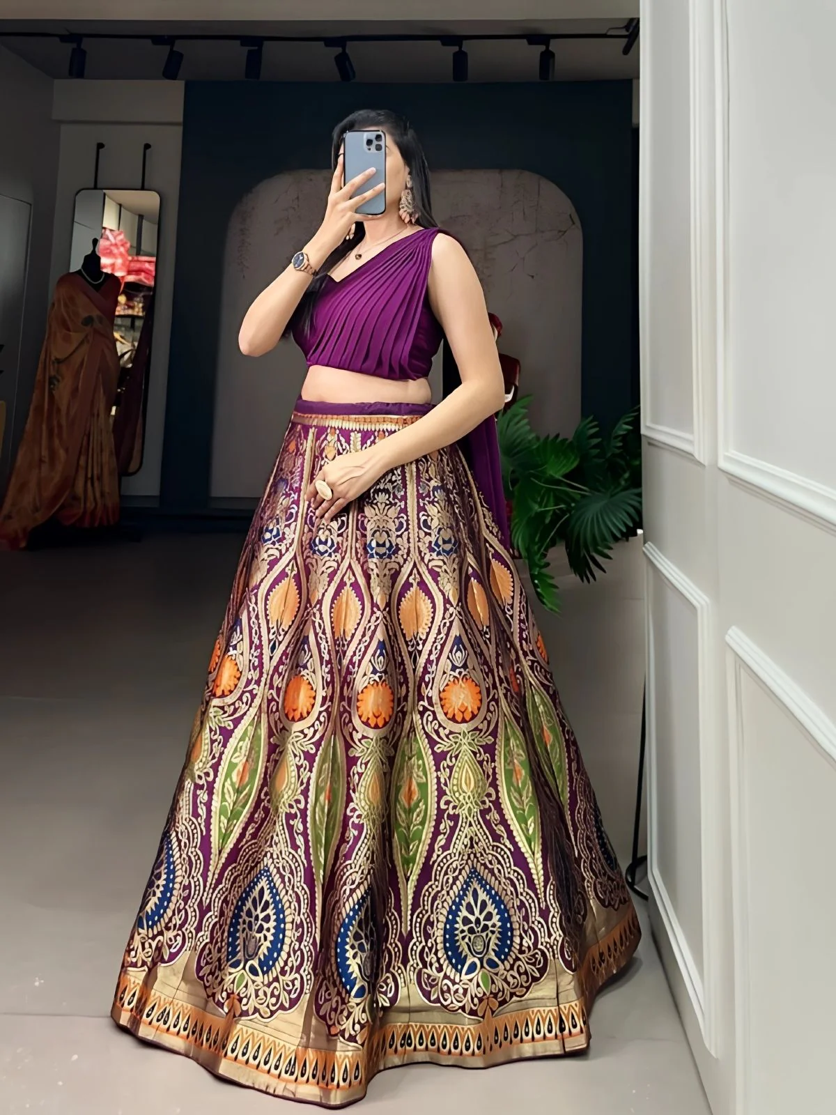 Odette Wine Jacquard Silk Woven Semi-Stitched Lehenga For Women - Image 2