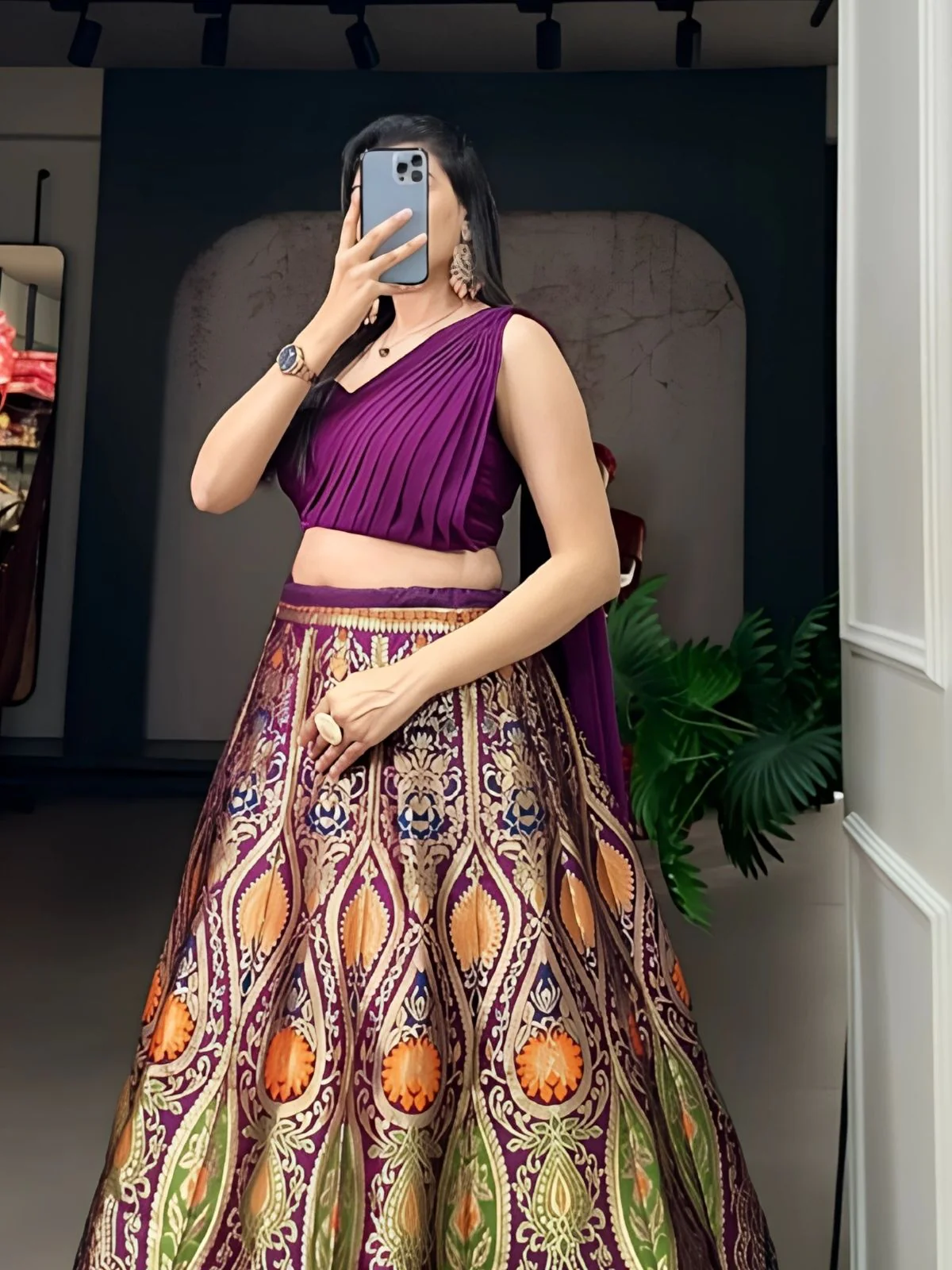 Odette Wine Jacquard Silk Woven Semi-Stitched Lehenga For Women - Image 3