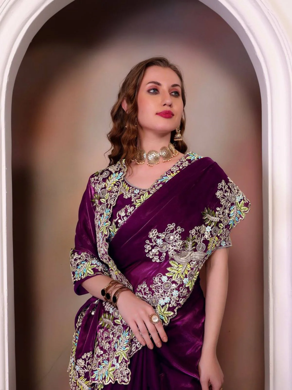 Odette Wine Jimmy Choo Embellished Saree For Women - Image 3
