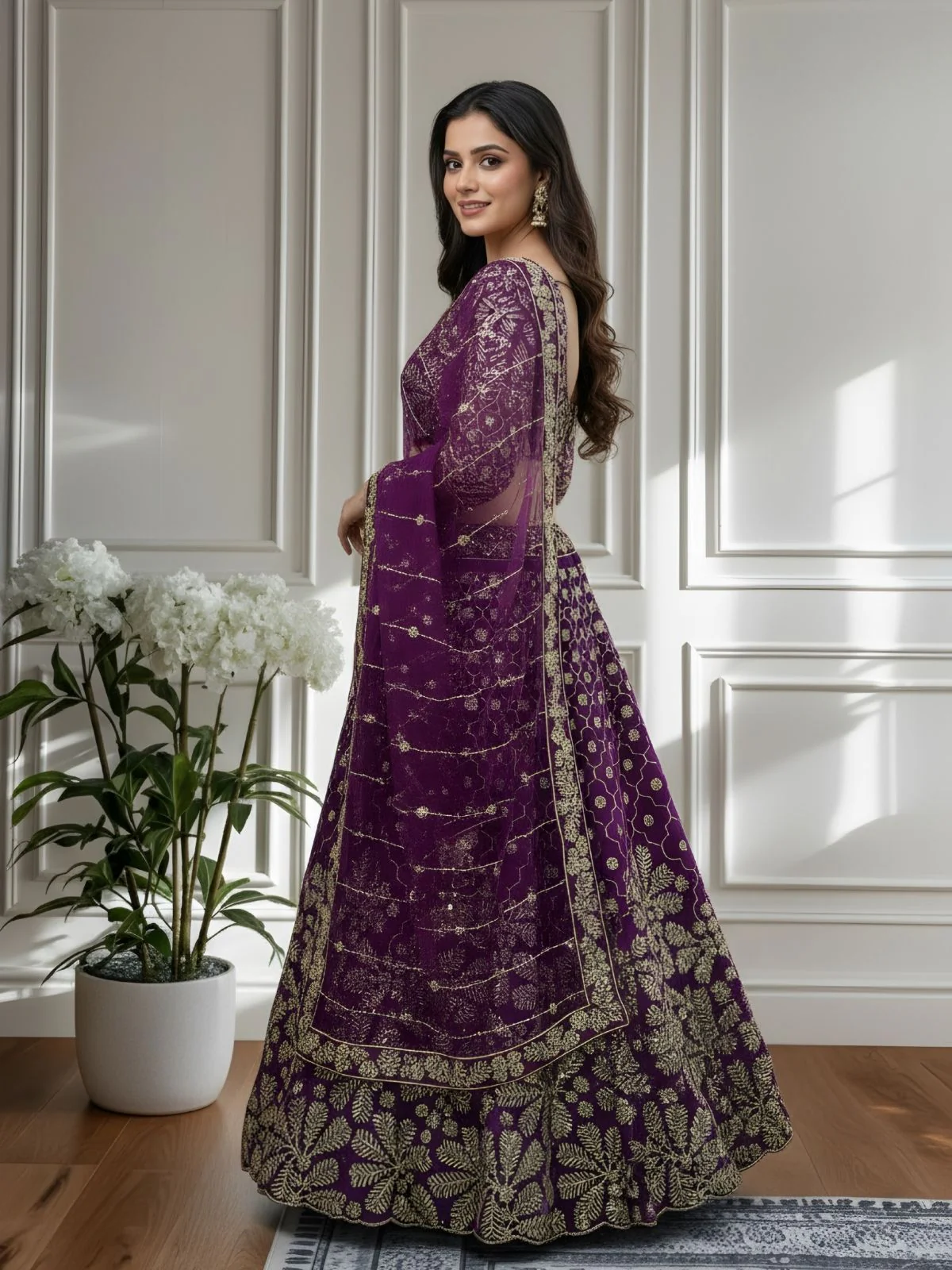 Odette Wine Net Embellished Semi Stitched Lehenga For Women - Image 2