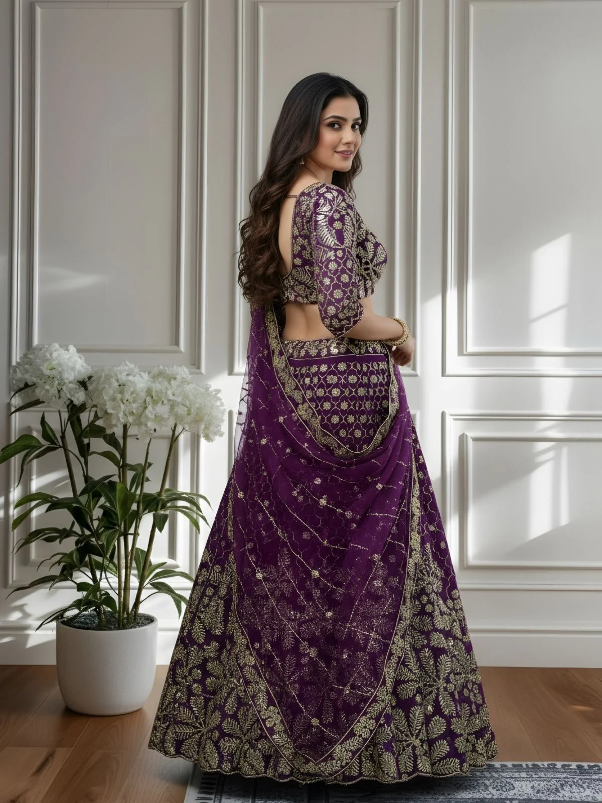 Odette Wine Net Embellished Semi Stitched Lehenga For Women - Image 3