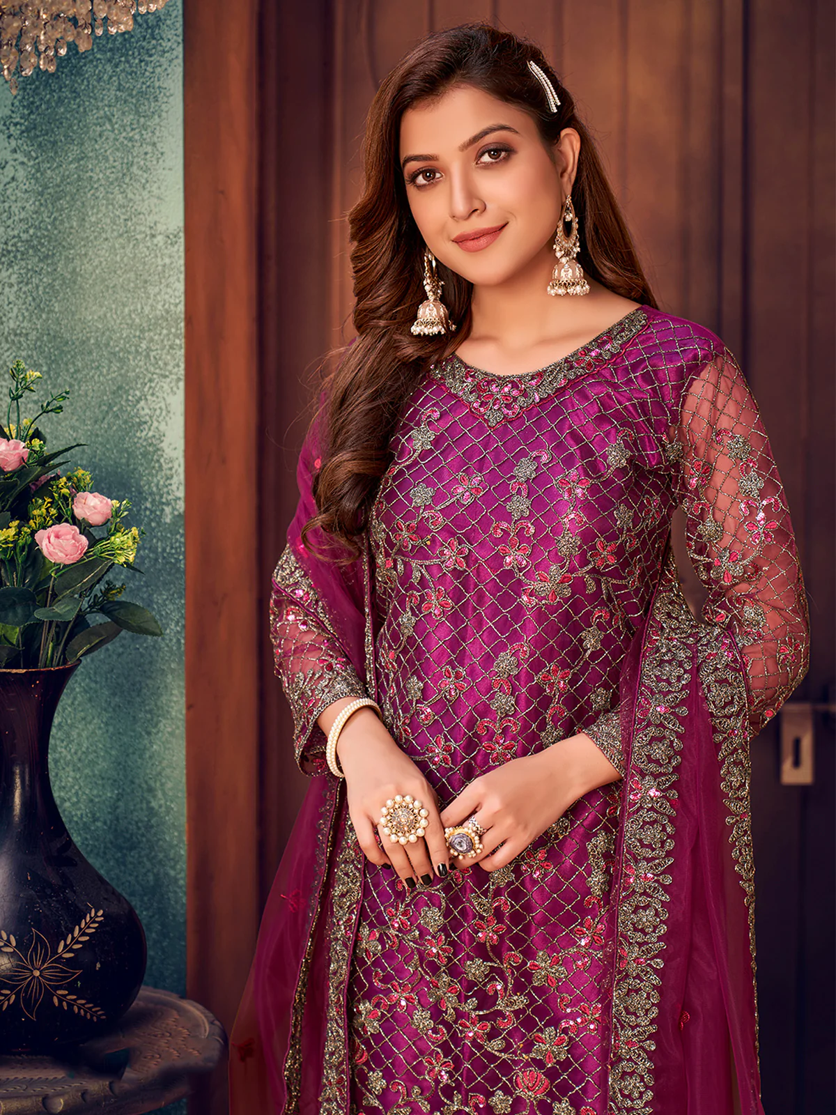 Odette Wine Net Embroidered Semi stitched Kurta Set with Inner For Women - Image 3