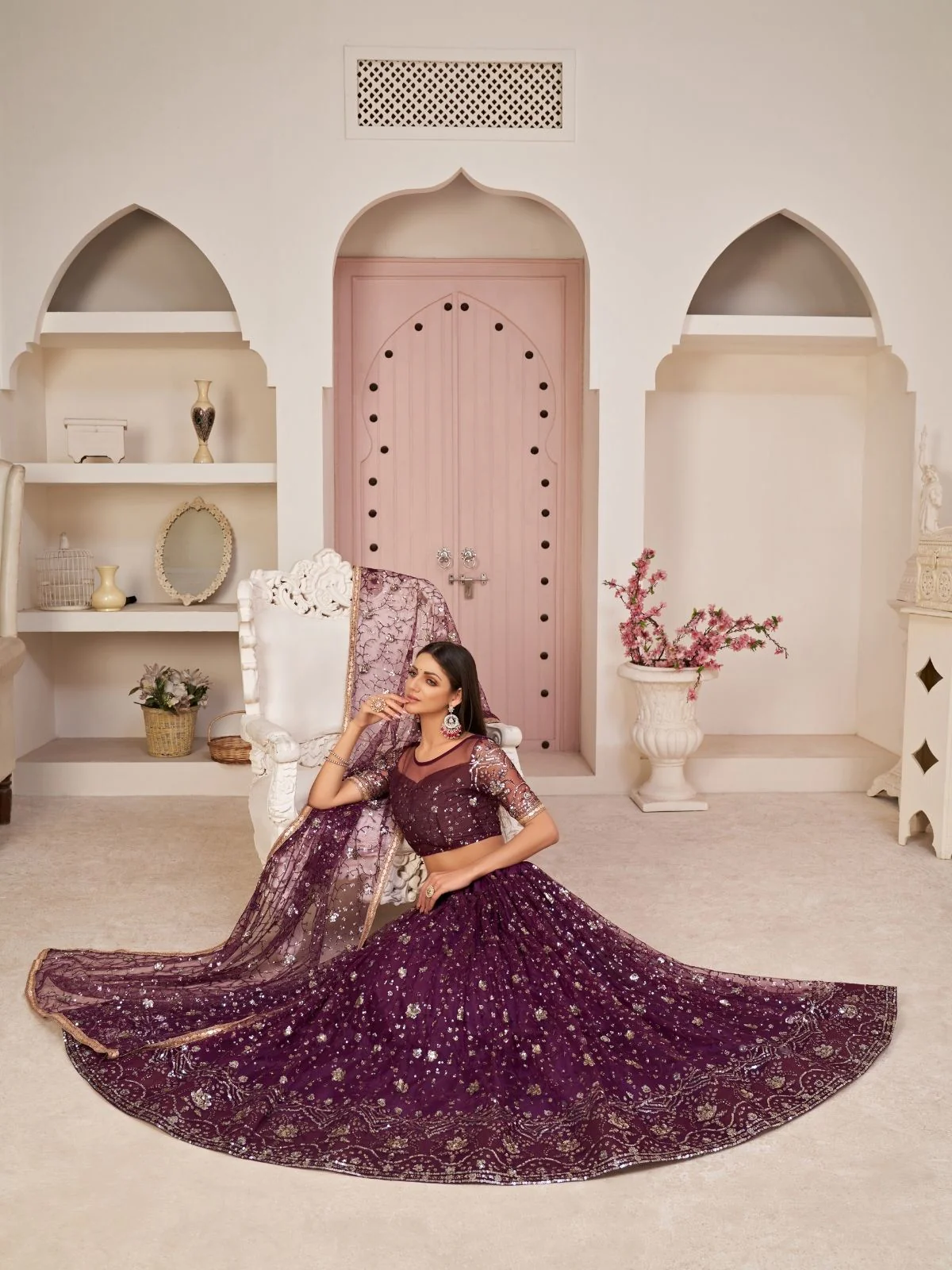 Odette Wine Net Embroidered Semi Stitched Lehenga For Women - Image 2